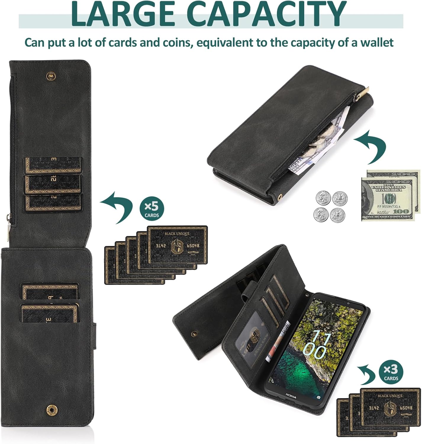Asuwish Compatible con Nokia C100 4G LTE N152DL – Funda tipo cartera de vidrio templado con protector de pantalla y cremallera de cuero retro,