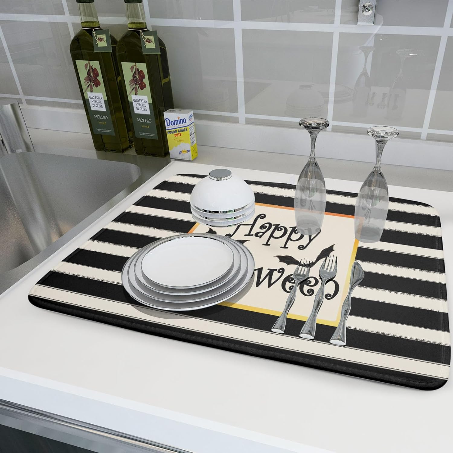 Tapete de secado de platos de murciélagos de Happy Halloween para encimera de cocina, tapete de secado de rayas blancas y negras de 18 x 24 pulgadas