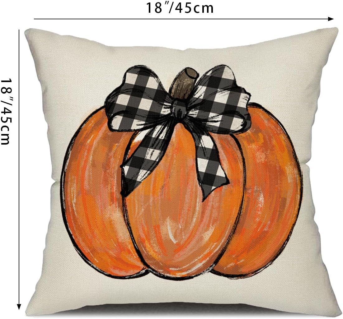 Fundas de almohada de otoño de 18 x 18 pulgadas, juego de 4 fundas de almohada de calabaza y hojas de arce con texto en inglés “Hello Pumpkin Happy