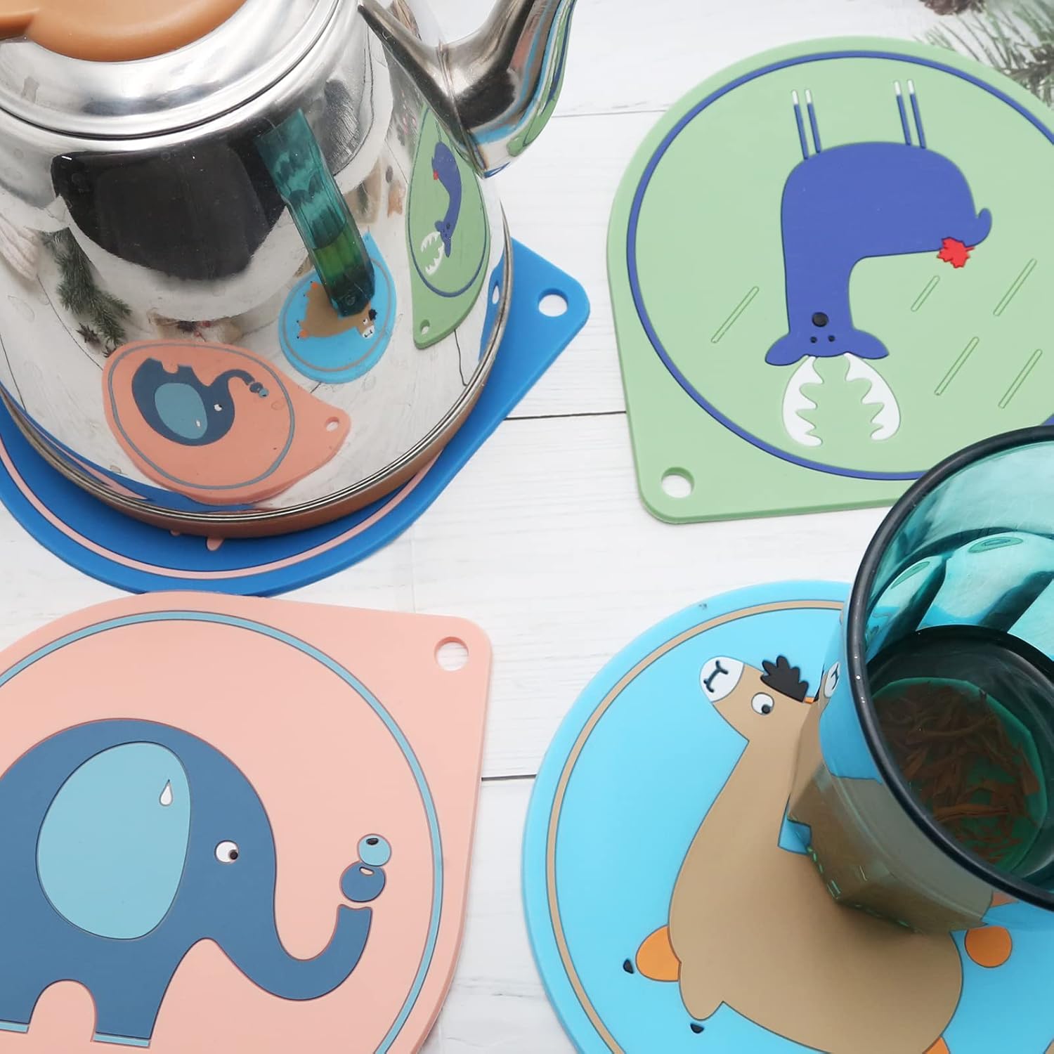 4 soportes de silicona para ollas de cocina de animales de dibujos animados, resistentes al calor, patrón de conejo de elefante, salvamanteles para
