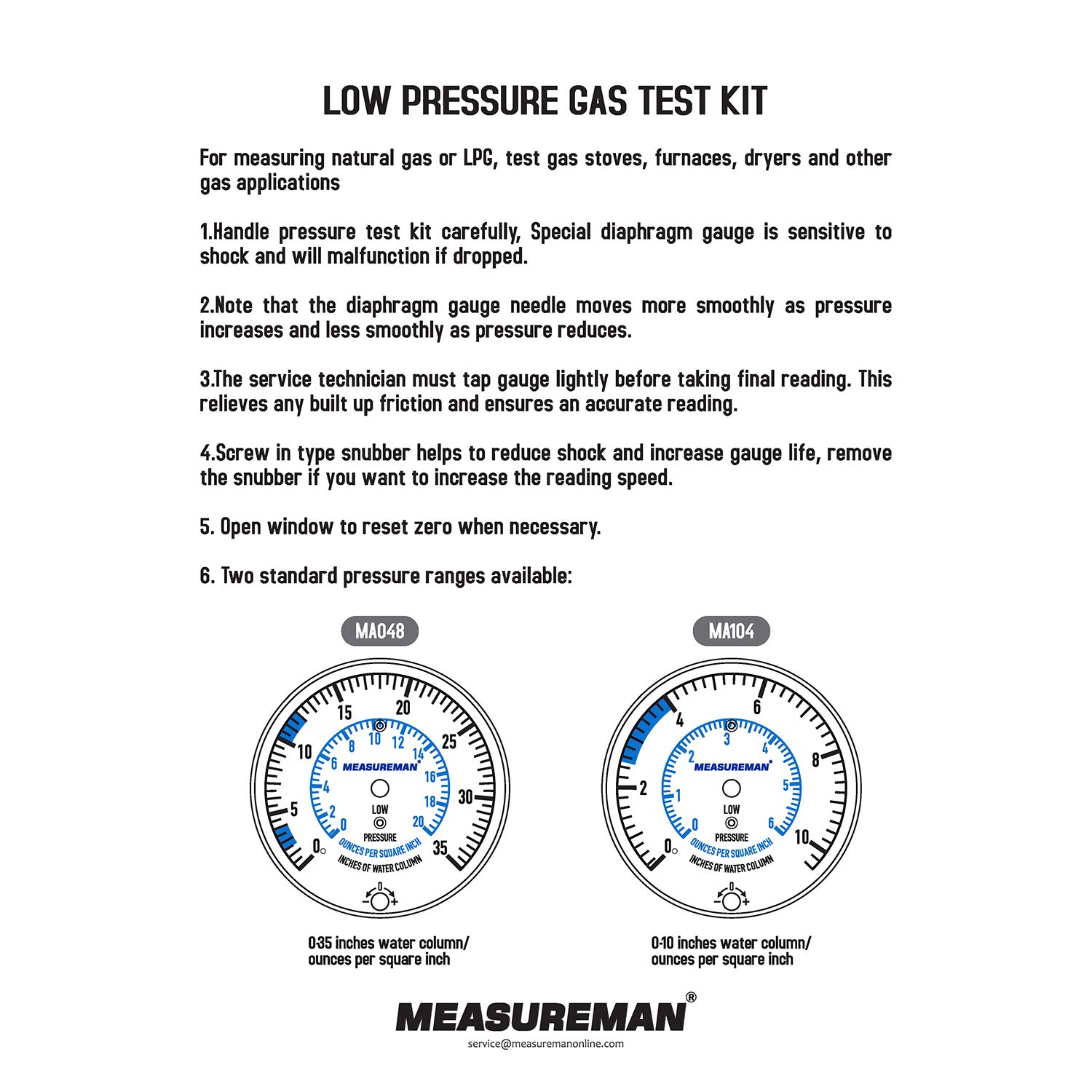 MEASUREMAN Kit de prueba de presión de colector de gas natural o gas LP, 0-35 “W.C., 14″ NPT, manguera de 40” de longitud