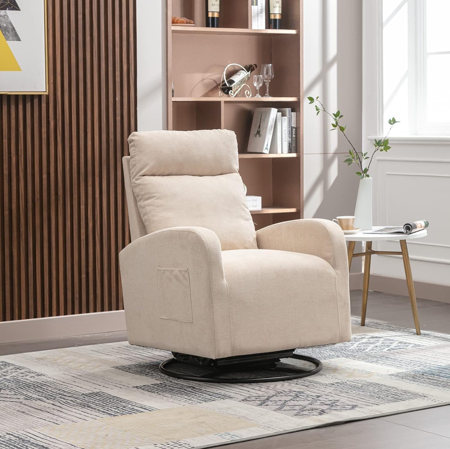 Kurhwyss Silla giratoria para guardería, moderna silla mecedora con respaldo alto y bolsillo de almacenamiento, mecedora tapizada con base de metal