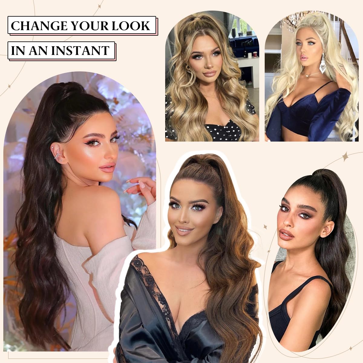 Extensiones de cola de caballo sintéticas resistentes al calor, 26 pulgadas de largo, esponjosas, onduladas, para mujer, color negro y marrón