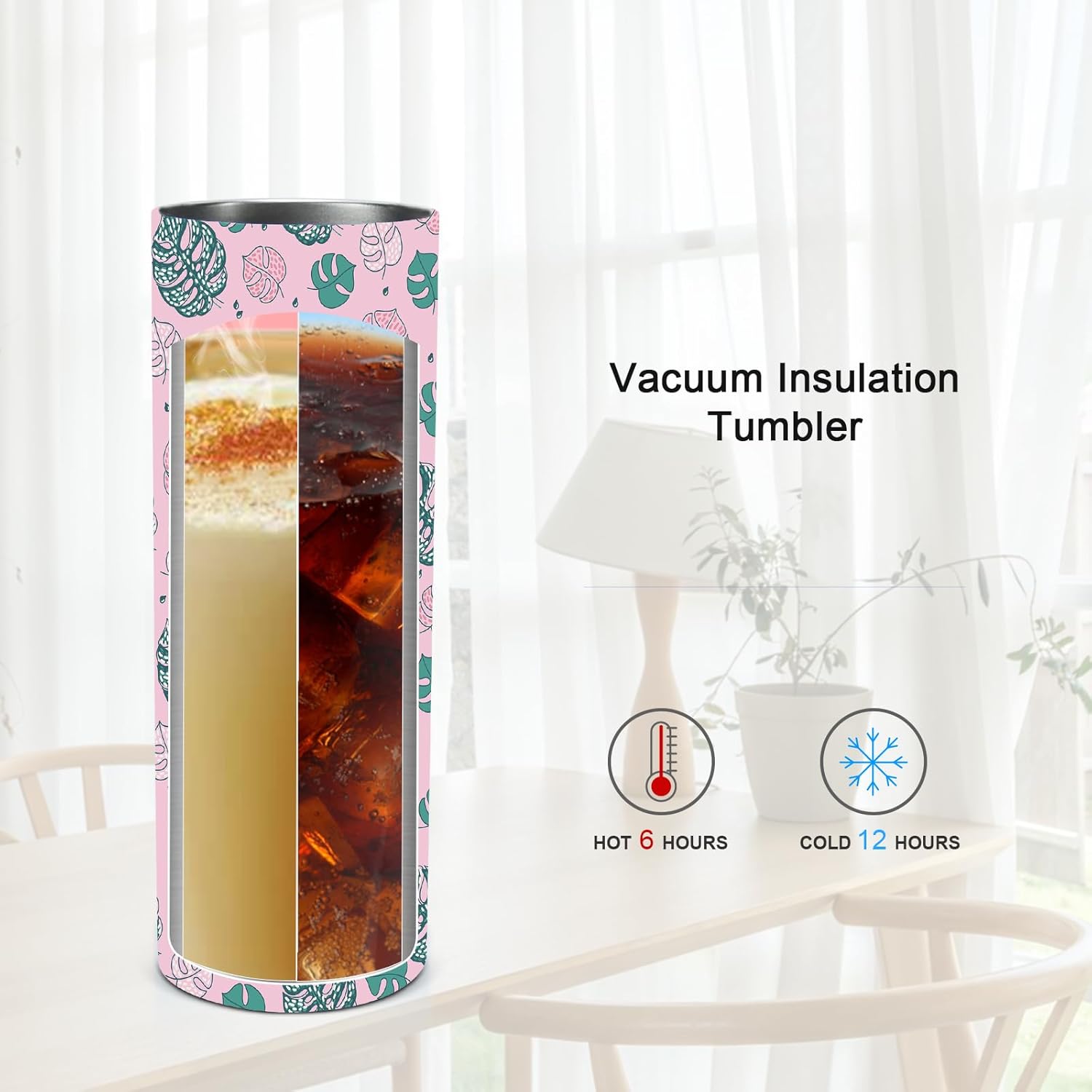 Maravilloso Vaso térmico de hojas de plantas tropicales con tapa y pajilla, 20 onzas, vaso térmico de acero inoxidable para agua, botella de viaje,