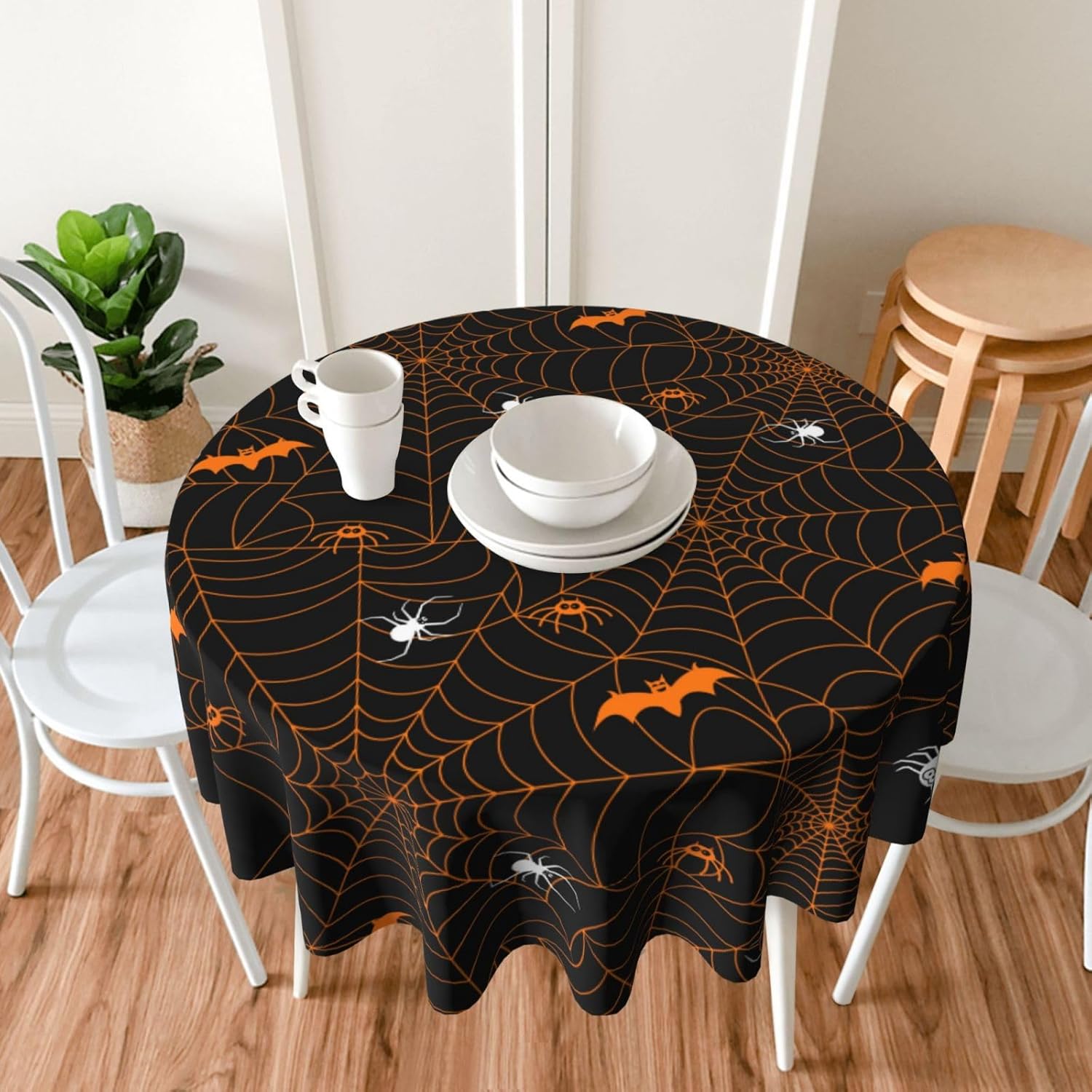 Mantel de Halloween Elements con diseño de murciélago y araña, color negro, lavable, para cocina, comedor, picnic y fiesta