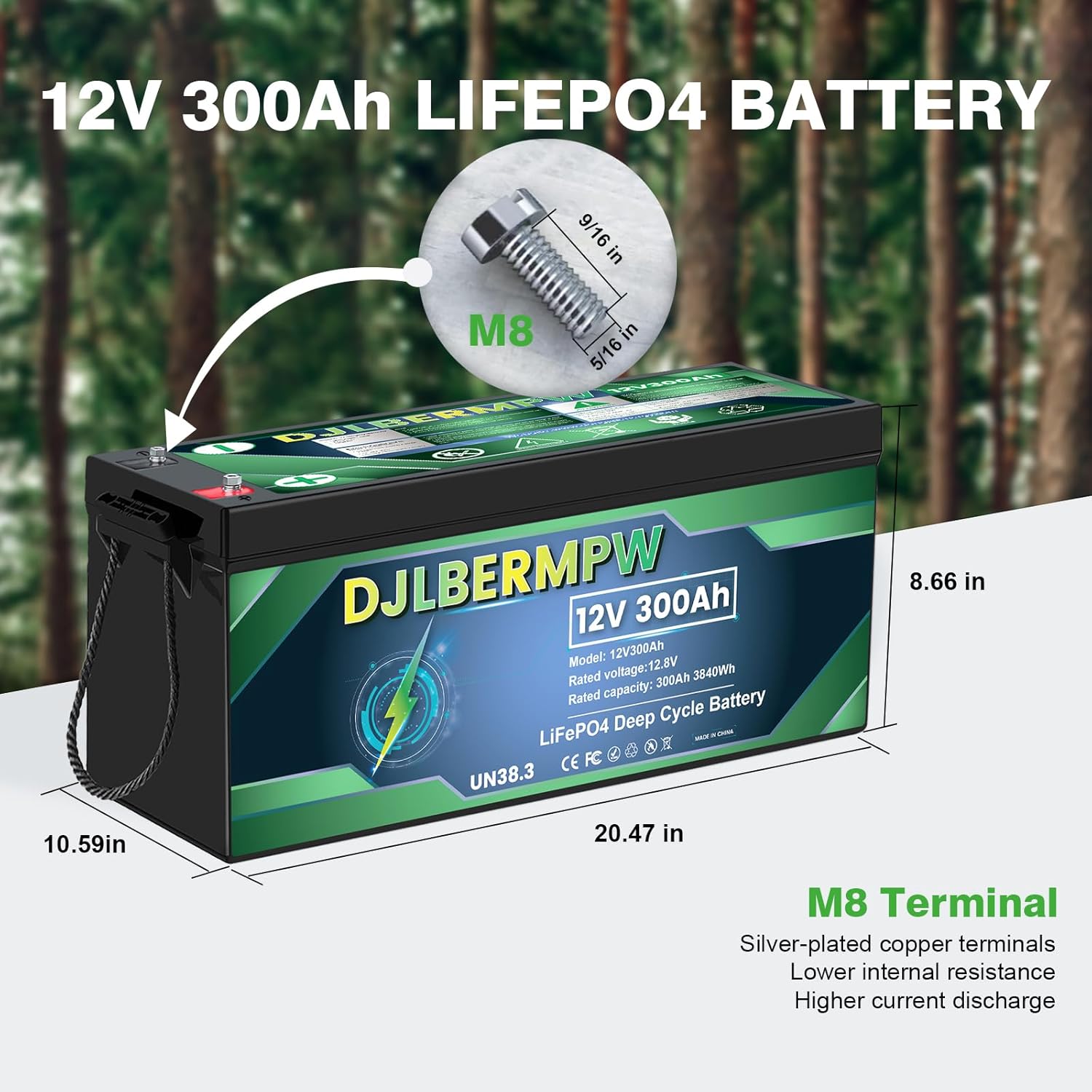 Batería de litio LiFePO4 de 12 V 300 Ah 3840 W BMS integrado, hasta 15000 ciclos y 10 años de vida útil, batería de ciclo profundo para RV, marina,