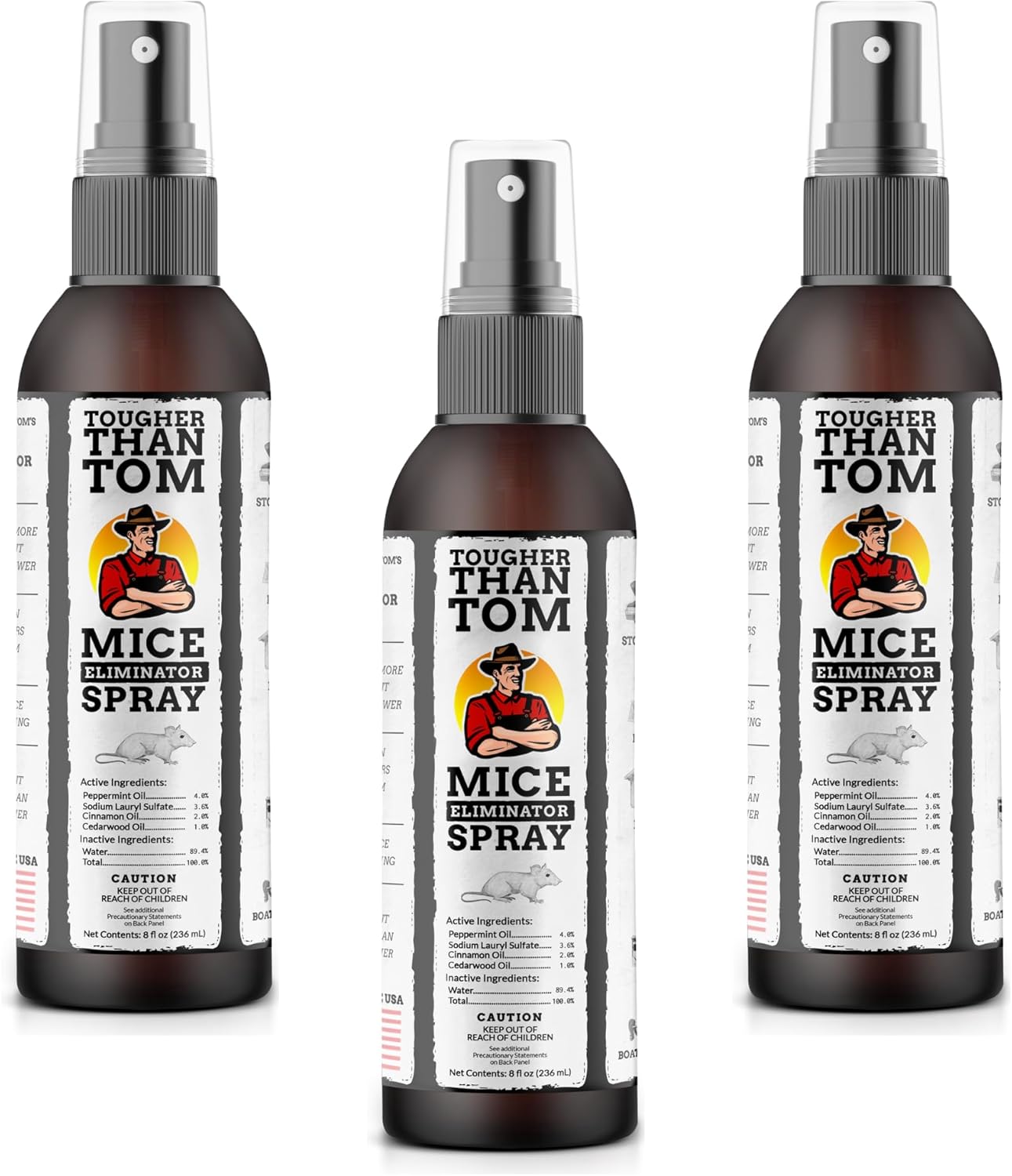 Tougher Than Tom Aerosol repelente de ratones, paquete de 3, 8 onzas líquidas de aceite de canela y menta prémium en aerosol para roedores,