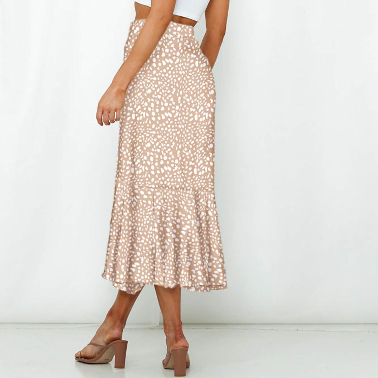 Bravetoshop – Falda midi de cintura alta con estampado floral bohemio para mujer, falda asimétrica con volantes y dobladillo acampanado