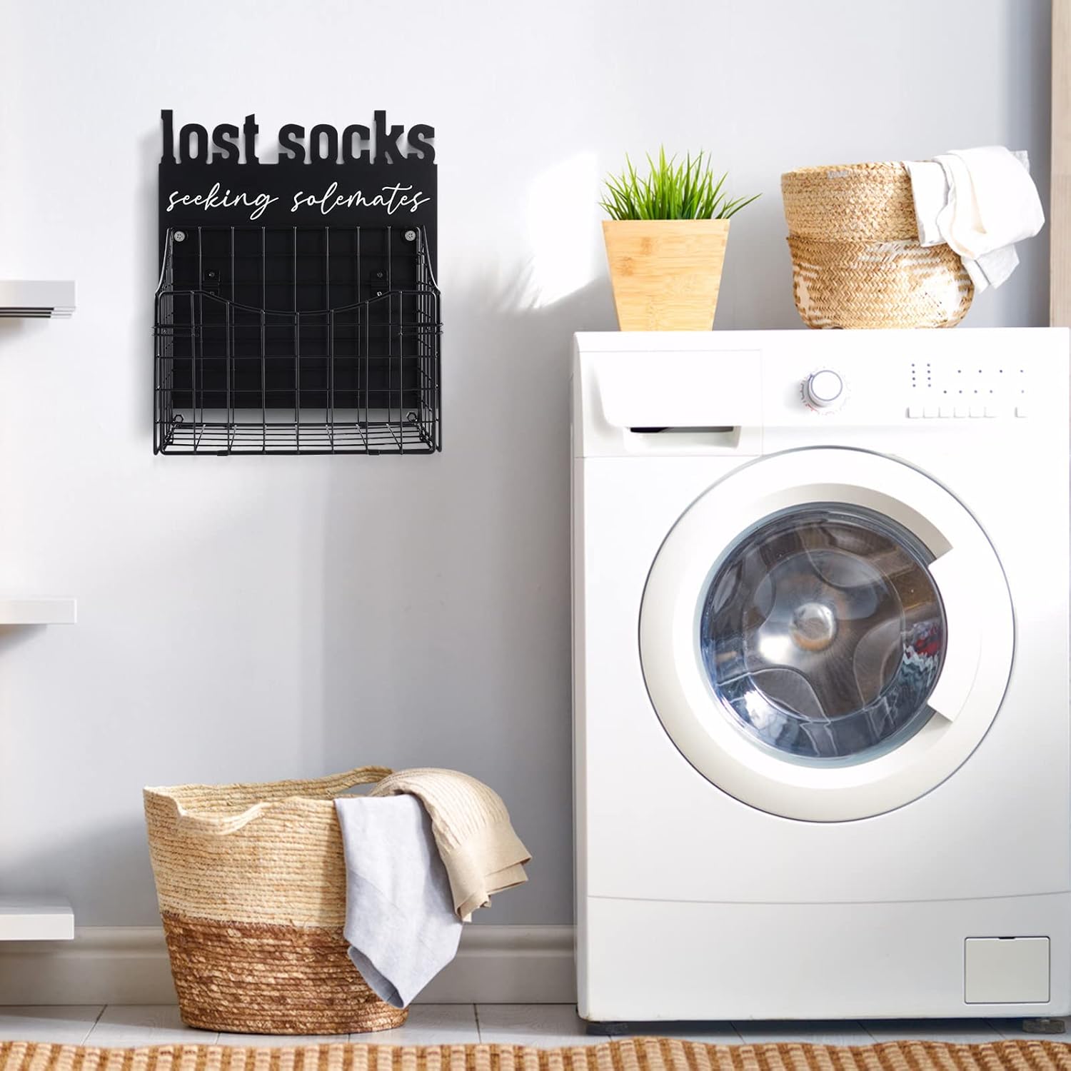 Cesta de calcetines perdidos para cuarto de lavado, calcetines perdidos que buscan solemates con canasta, decoración de casa de campo, calcetines