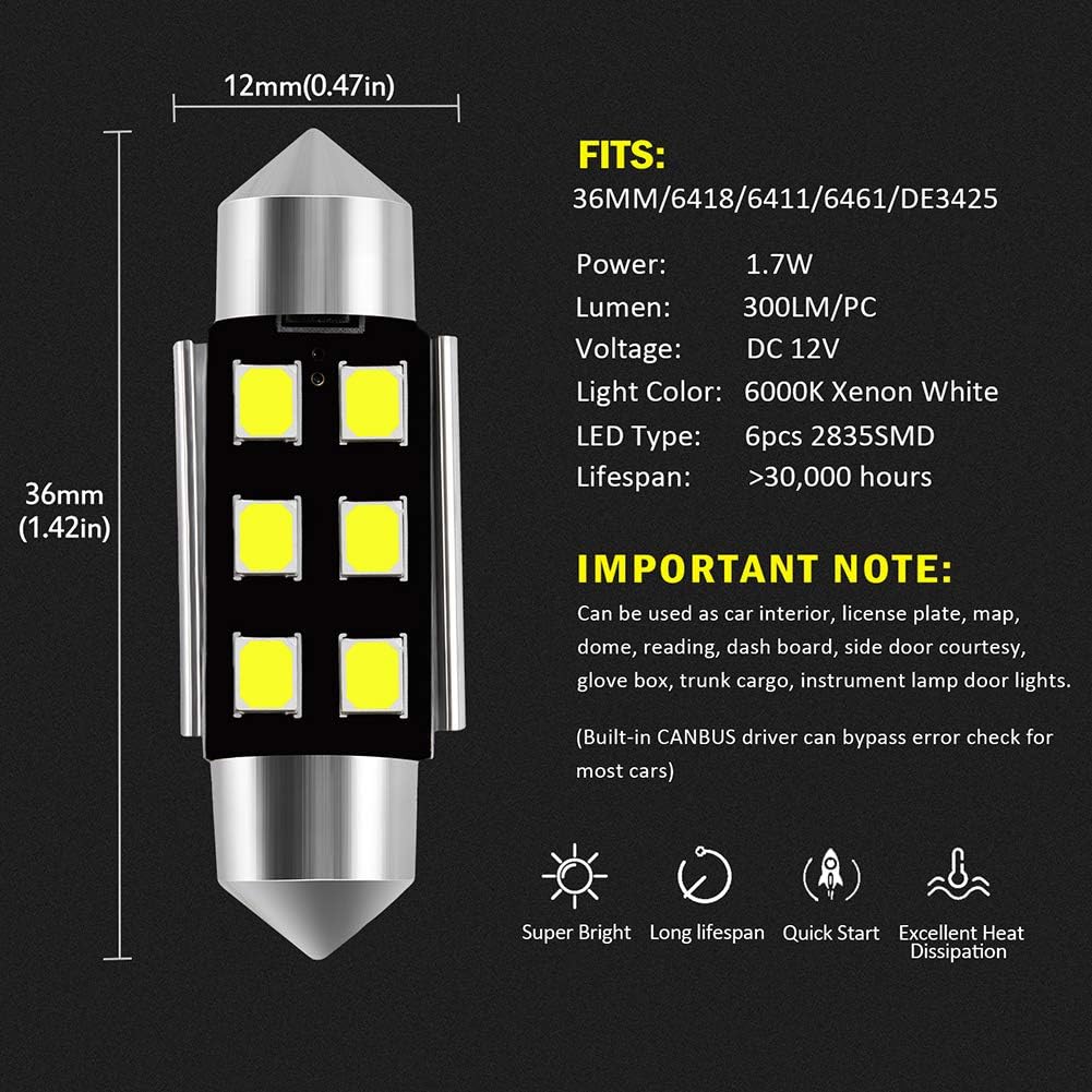 DE3175 DE3021 6418 6411 211-2 212-2 578 569 Canbus Bombillas LED de luz interior sin errores 6000K Xenon Blanco, Super brillante 6SMD chips para