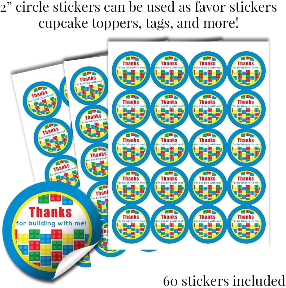 Kit de calcomanías para fiesta de cumpleaños de bloques de construcción y ladrillos, 429 piezas. Incluye 60 calcomanías circulares de 2 pulgadas