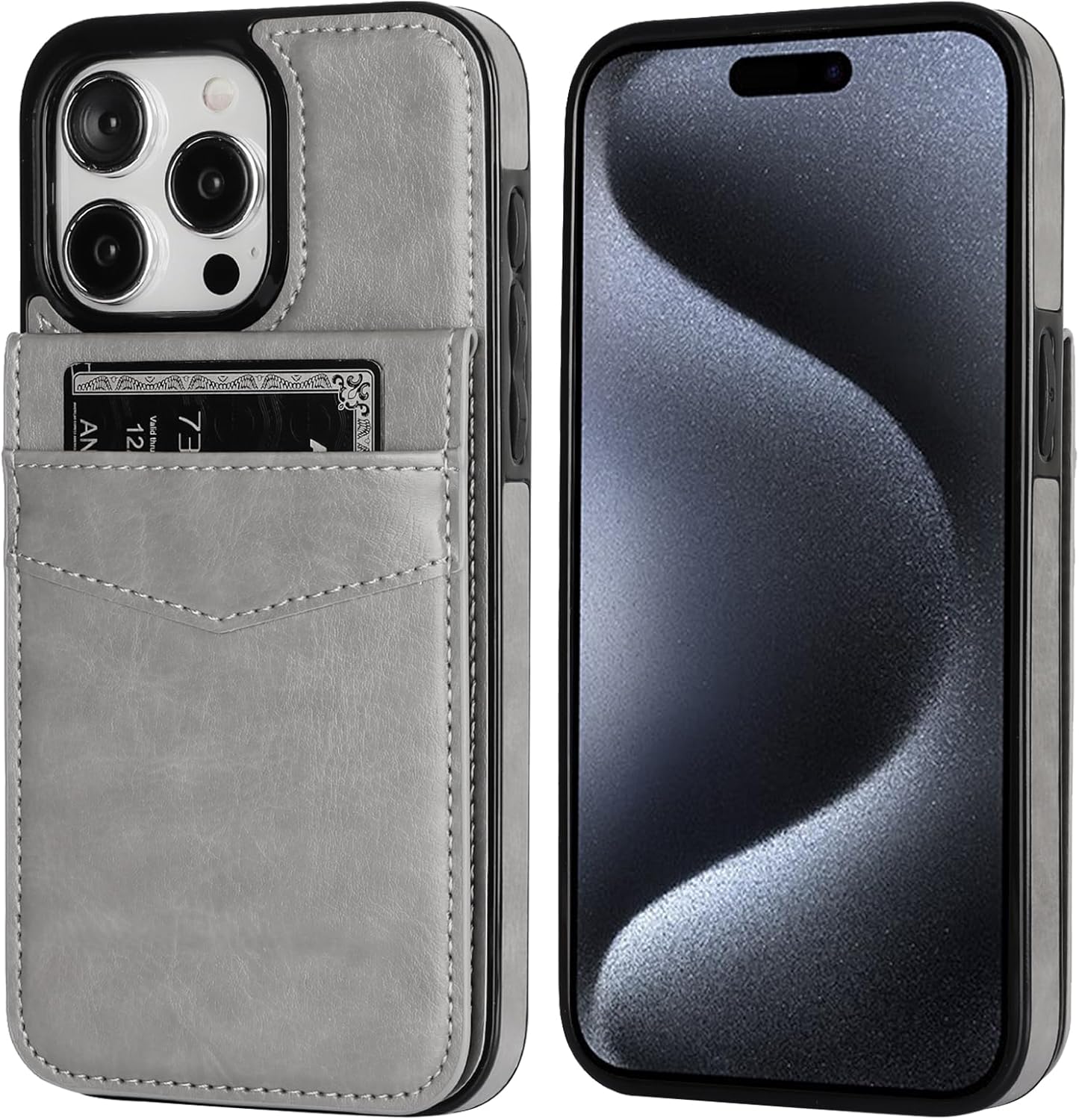 KIHUWEY Funda compatible con iPhone 15 Pro Max con soporte para tarjeta de crédito, cierre magnético de cuero de alta calidad, función atril, funda