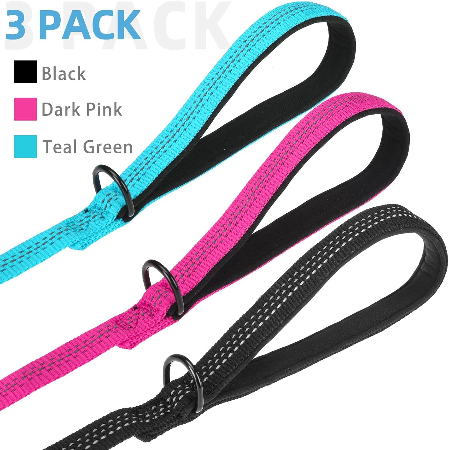 PUPTECK Correa reflectante para perro, paquete de 3 correas de nailon de 4.9 pies con clip fuerte y mango acolchado suave, correa de entrenamiento