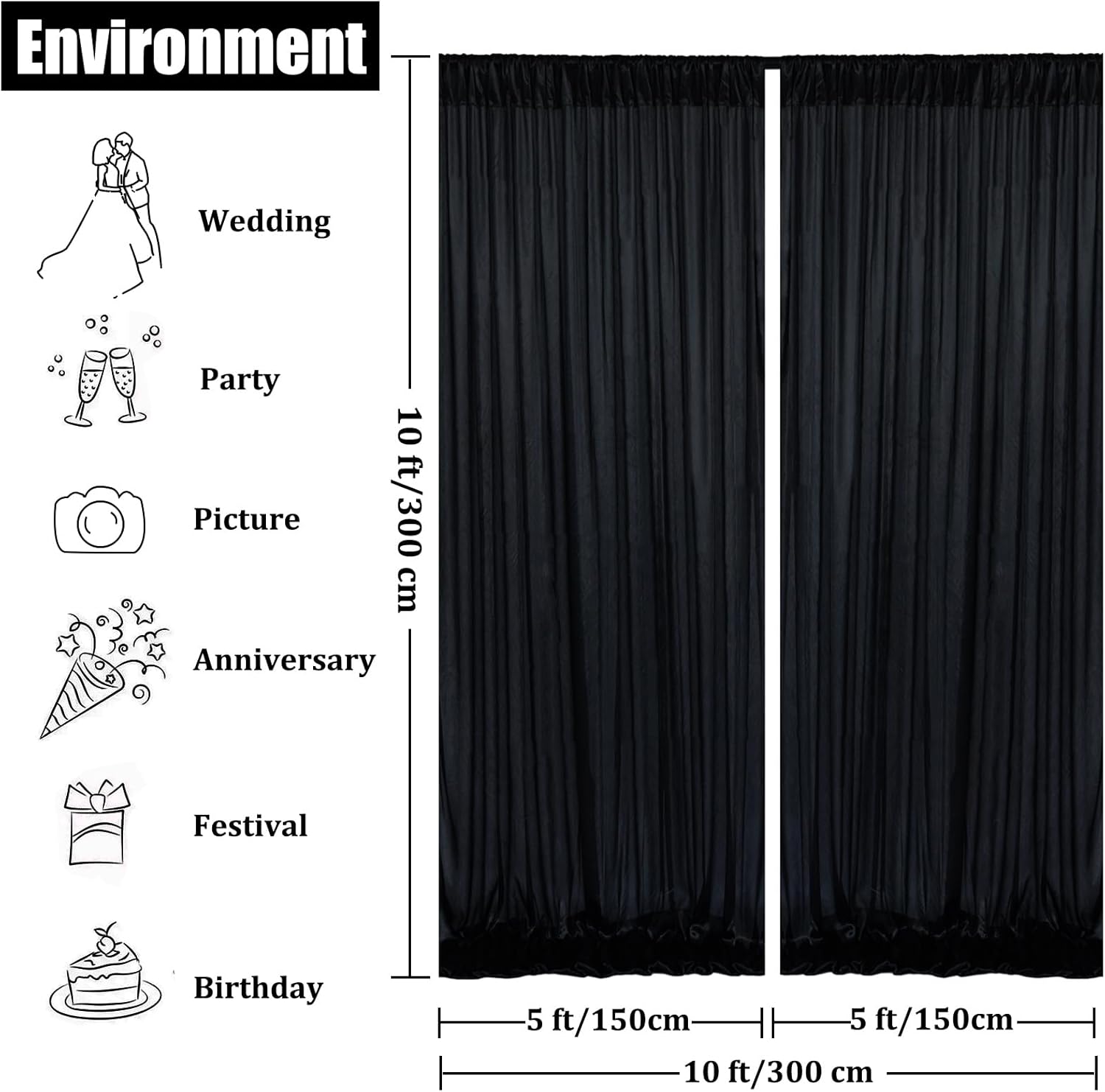 Kachanaa Cortinas de telón de fondo negro arrugado de 10 x 10 pies para fiestas, fotografía, cortinas de fondo de poliéster, decoración de boda,
