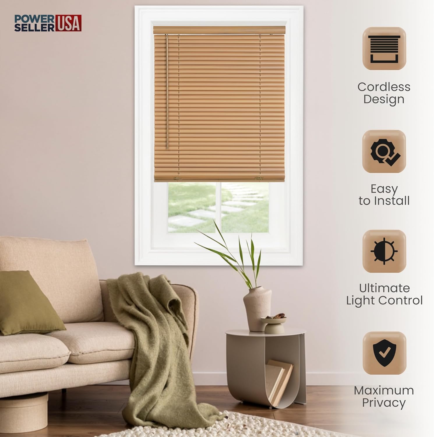 PowerSellerUSA Persianas sin cordones, privacidad y filtro de luz, listones de 1 pulgada de vinilo, tratamiento de ventana anti-UV, se adapta a