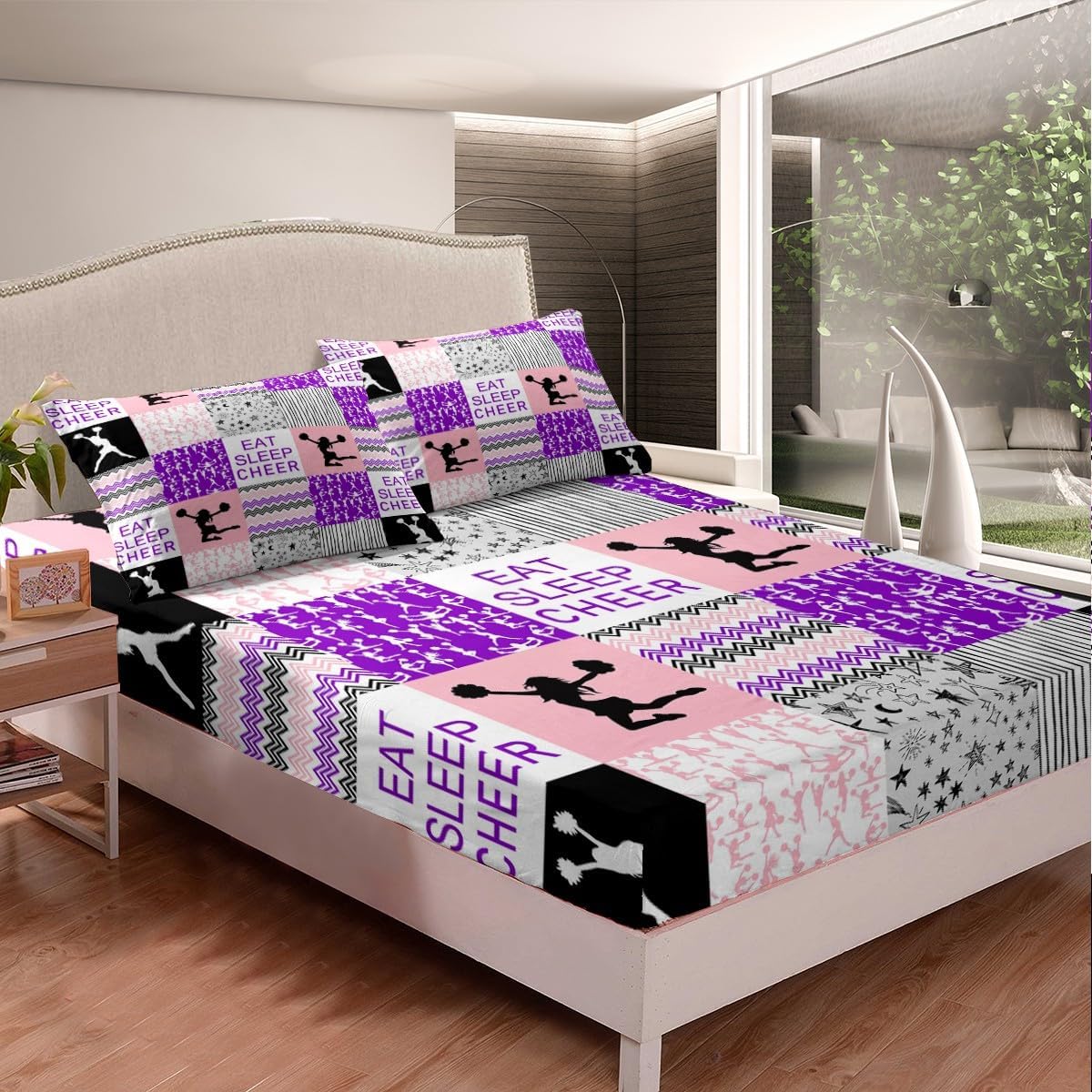 Juego de sábanas de animadoras, juego de ropa de cama de tamaño individual para niños, niñas, adolescentes y adultos, sábana bajera geométrica a