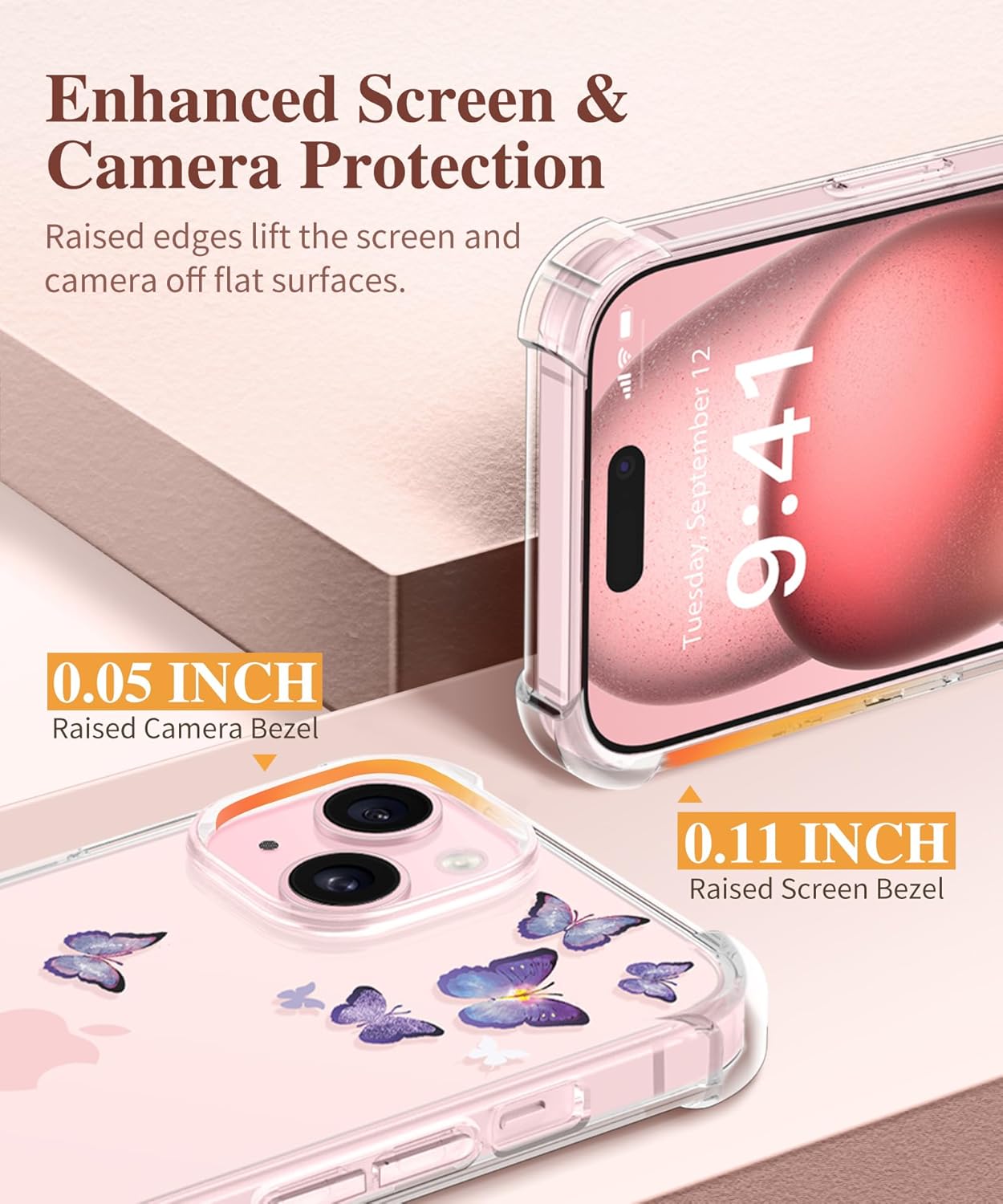 GVIEWIN Funda para iPhone 15, 5 en 1 con 2 protectores de pantalla y 2 protectores de lente de cámara, transparente, suave, a prueba de golpes,