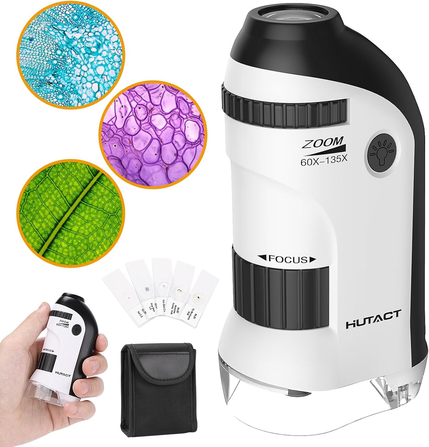 HUTACT Microscopio de bolsillo para niños, mini microscopio portátil 60X-135X con 5 diapositivas de microscopio, microscopio de mano para niños