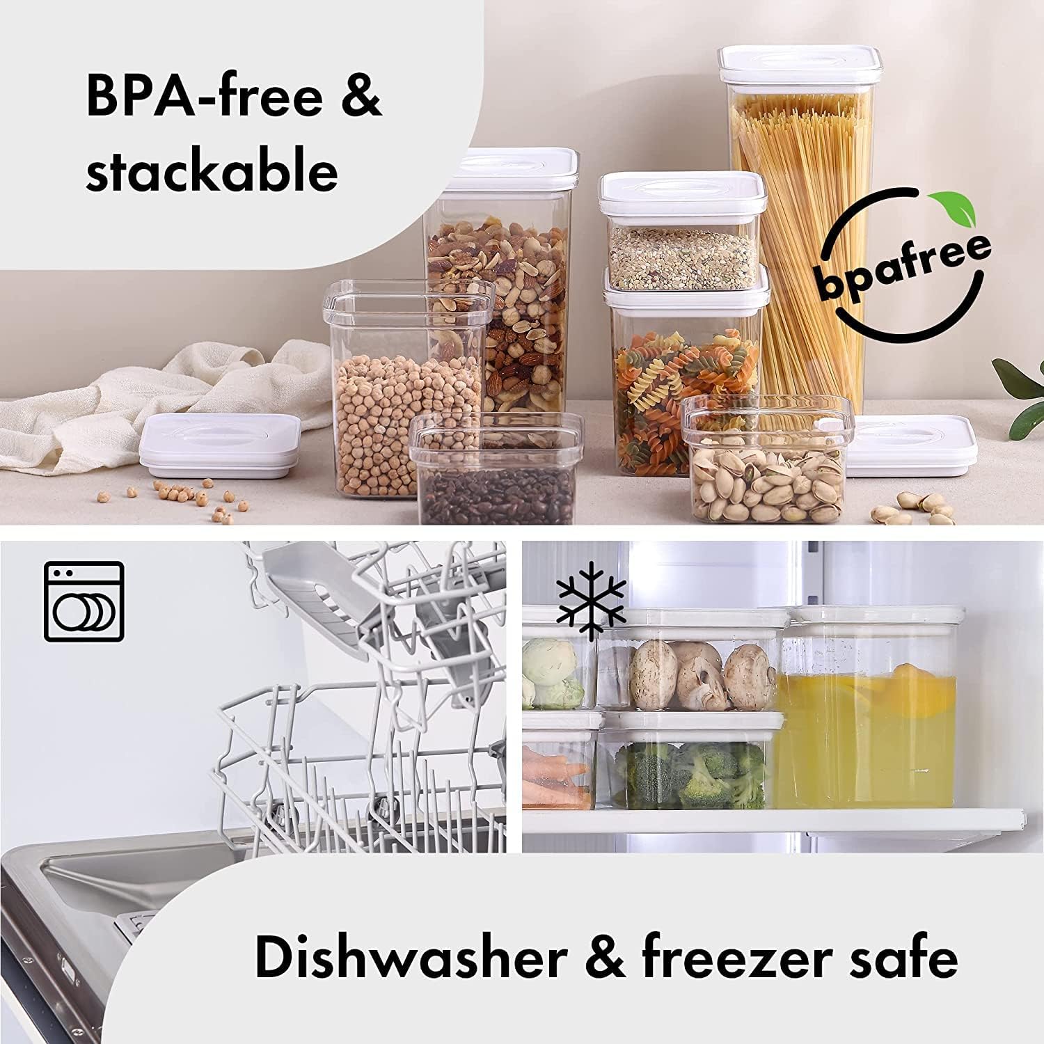 NEOFLAM Recipiente hermético de almacenamiento de alimentos con sello inteligente (juego de 3)  Cuerpo transparente  Diseño modular, apilable y