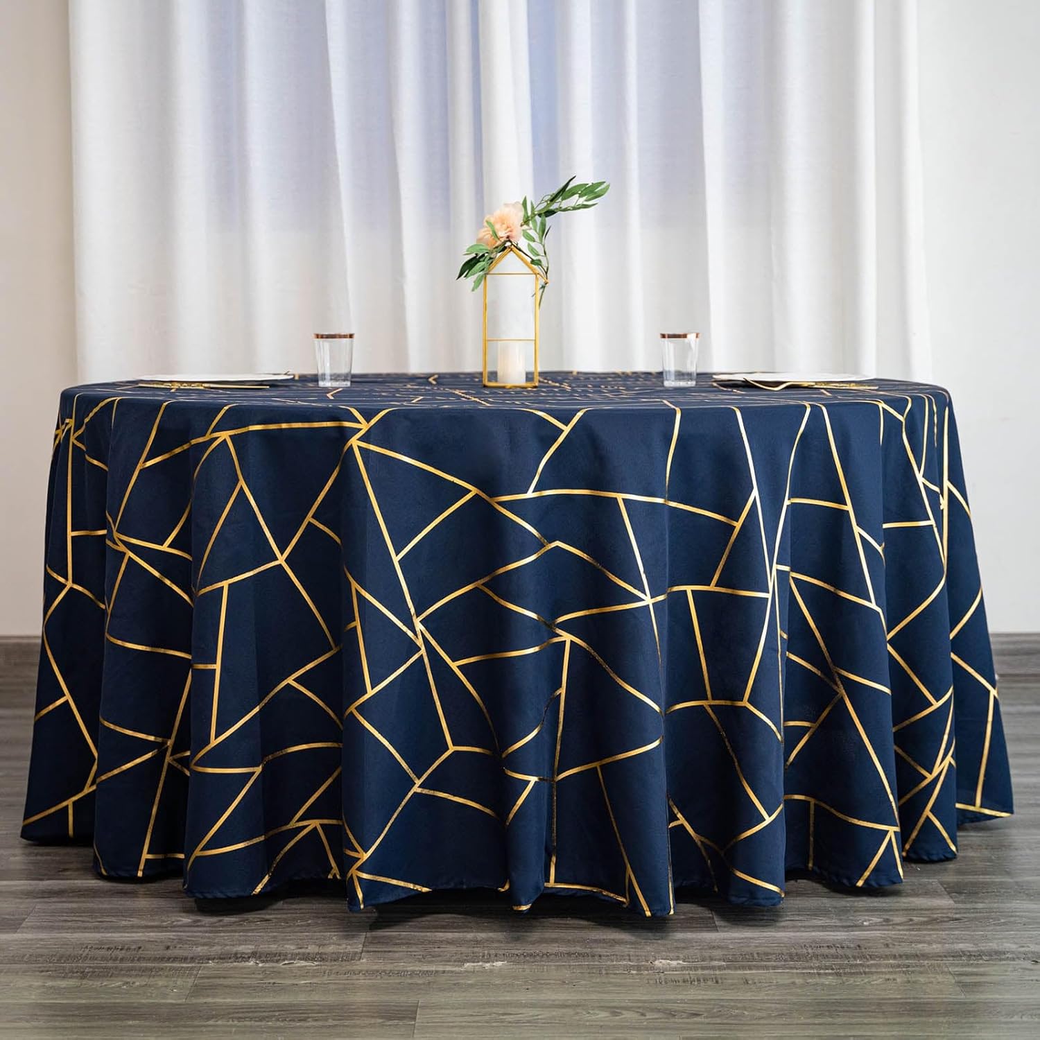 Efavormart – Mantel redondo de poliéster de 120 pulgadas, color azul marino con patrón geométrico dorado