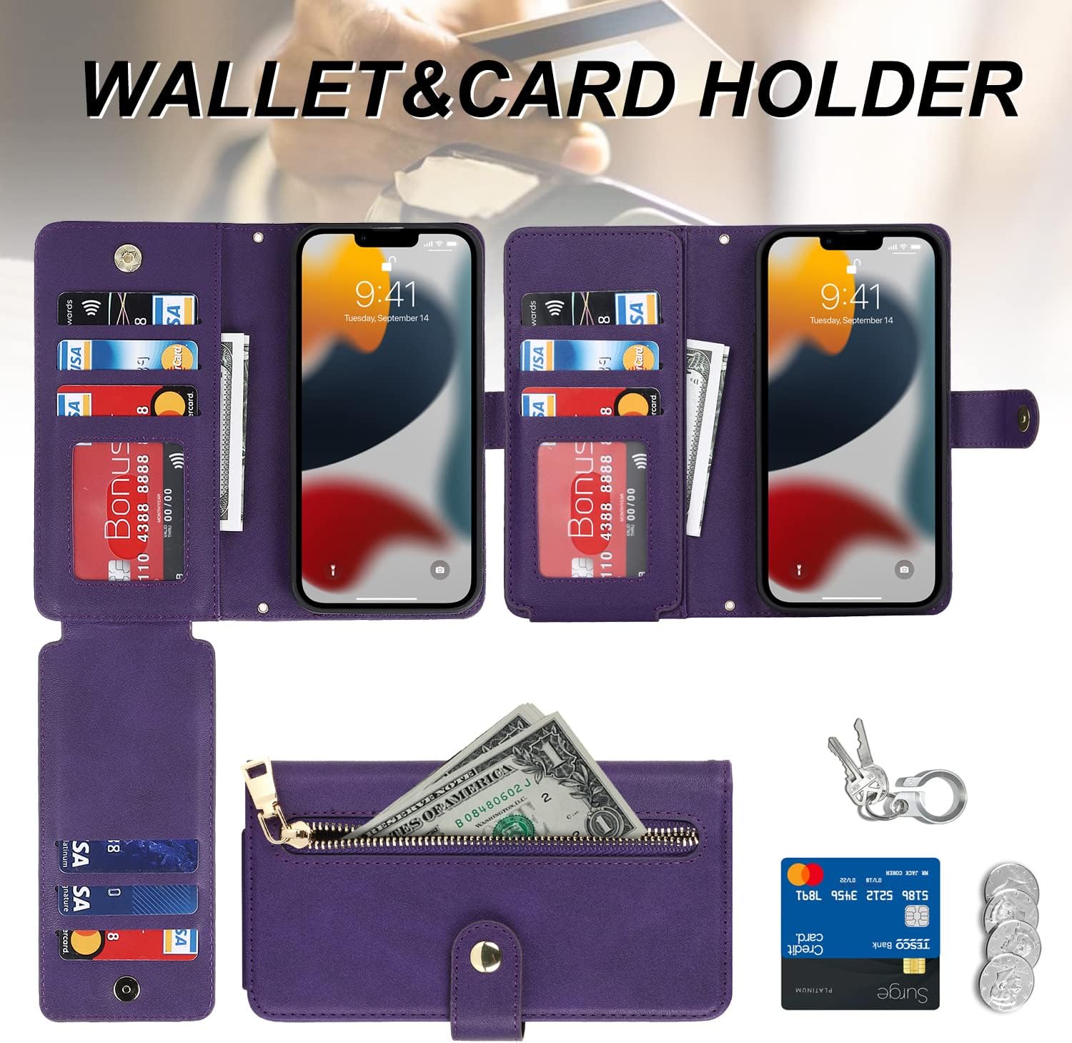 Havaya Funda tipo cartera para iPhone 1212 Pro con 9 ranuras para tarjetas, funda de piel con cremallera, funda de crédito con tapa para iPhone