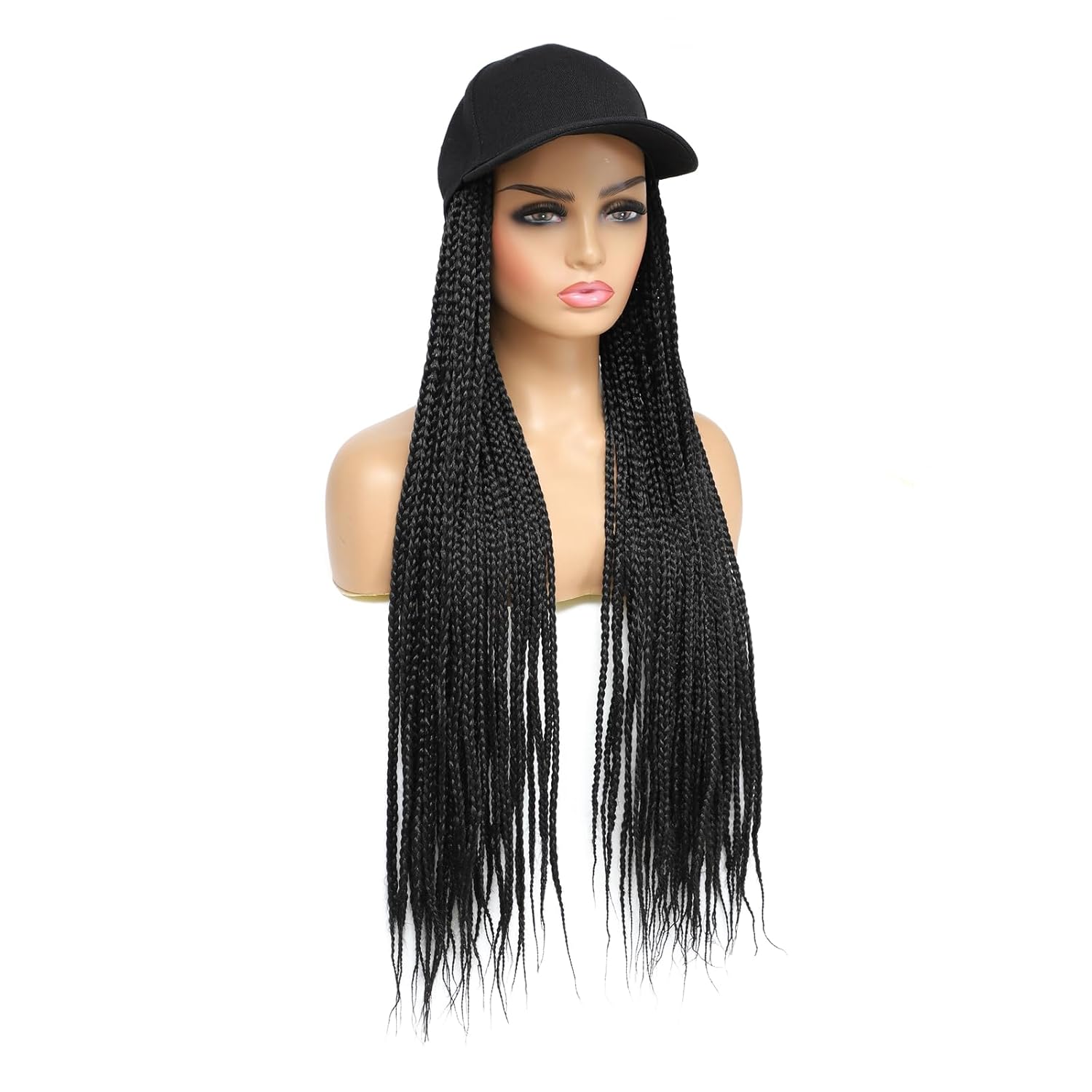 Gorra de béisbol con peluca larga trenzada de color negro, con cabello sintético trenzado para mujeres y niñas (B-negro)