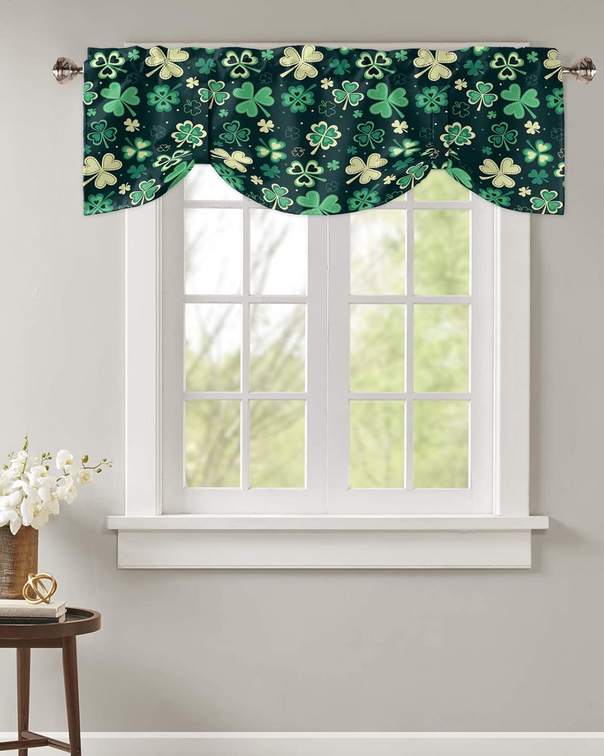 Cenefa de amarre con tréboles retro del día de San Patricio para ventanas de cocina, cenefas ajustables de tréboles de la suerte verde bosque