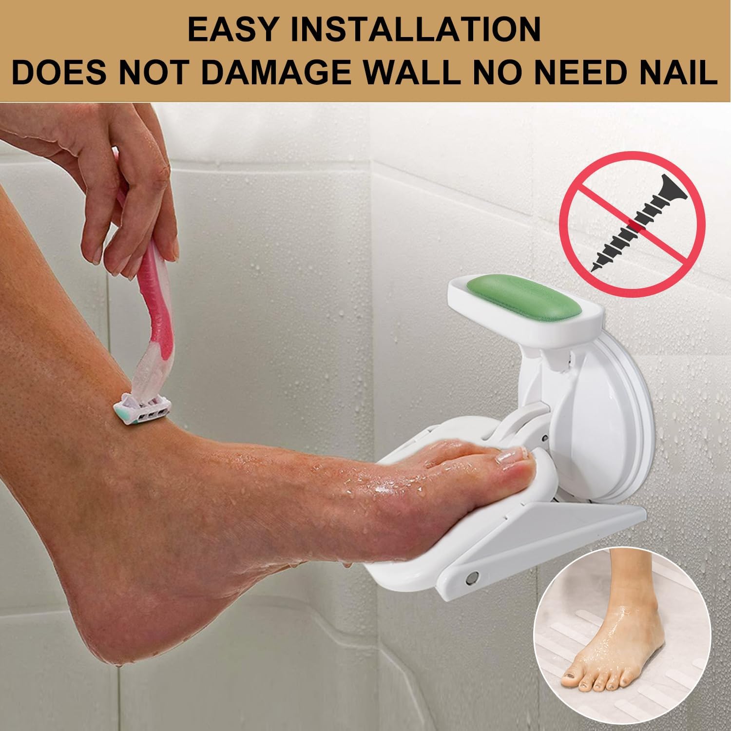 NUNET Reposapiés de ducha con ventosa, pedal de baño antideslizante con calcomanías antideslizantes para ducha, asistente de piernas de afeitado,