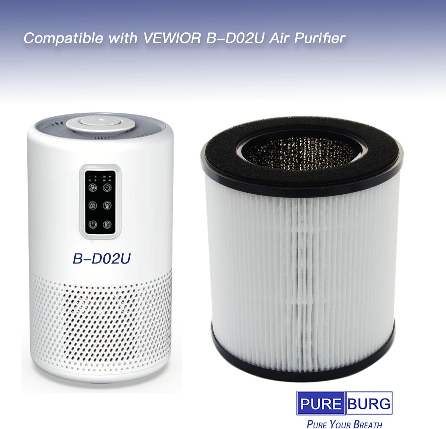 PUREBURG Filtros HEPA auténticos compatibles con el purificador de aire VEWIOR B-D02U, filtración H13 de 3 etapas de carbón activado 2 en 1 de