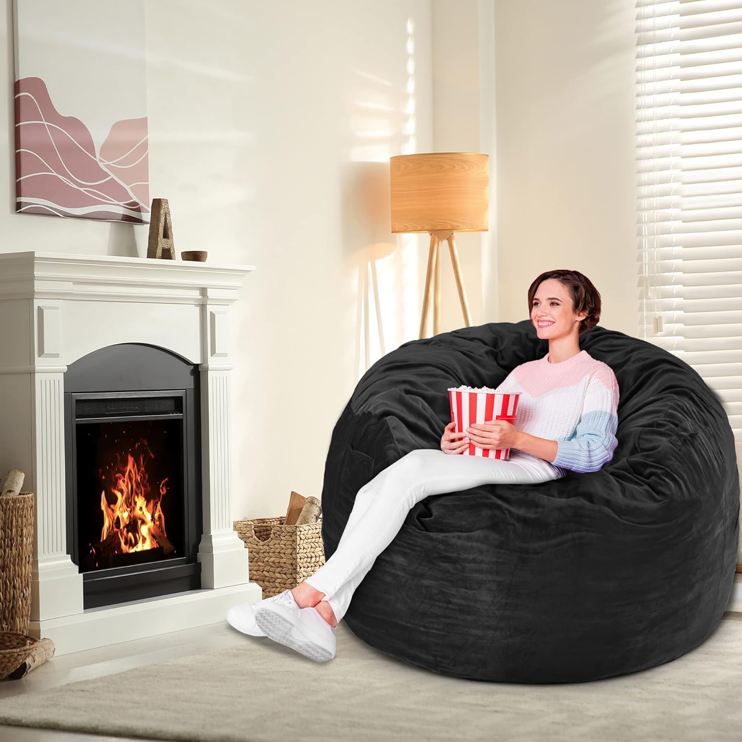 Puf gigante de 5 pies, relleno de espuma viscoelástica con funda de terciopelo, funda extraíble y lavable a máquina, puf para adultos, color negro