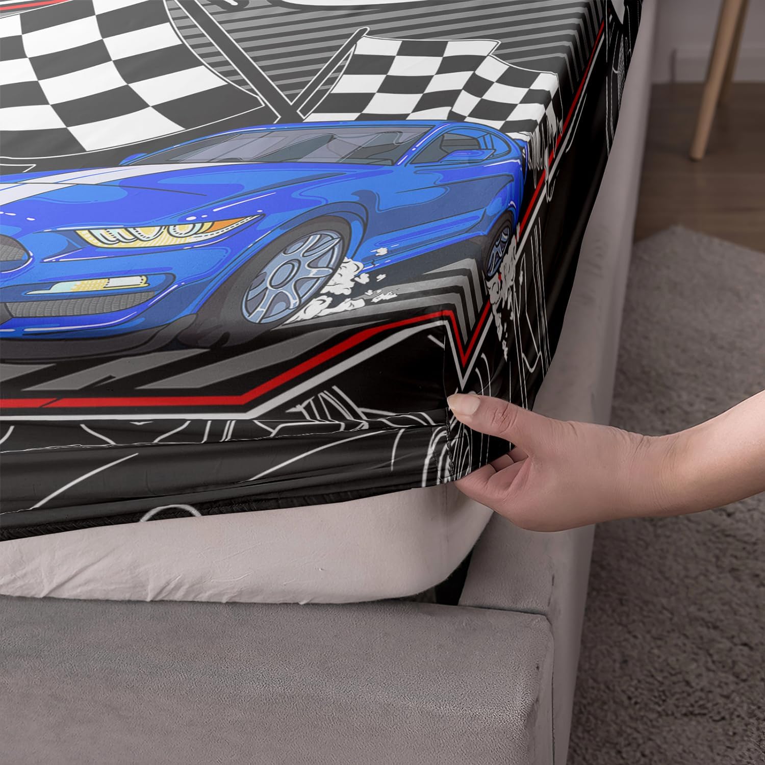 AILONEN Blue Racing Car – Juego de sábanas bajeras para niños y adolescentes, tamaño individual, 3 piezas, 1 sábana bajera ajustable y 2 fundas de