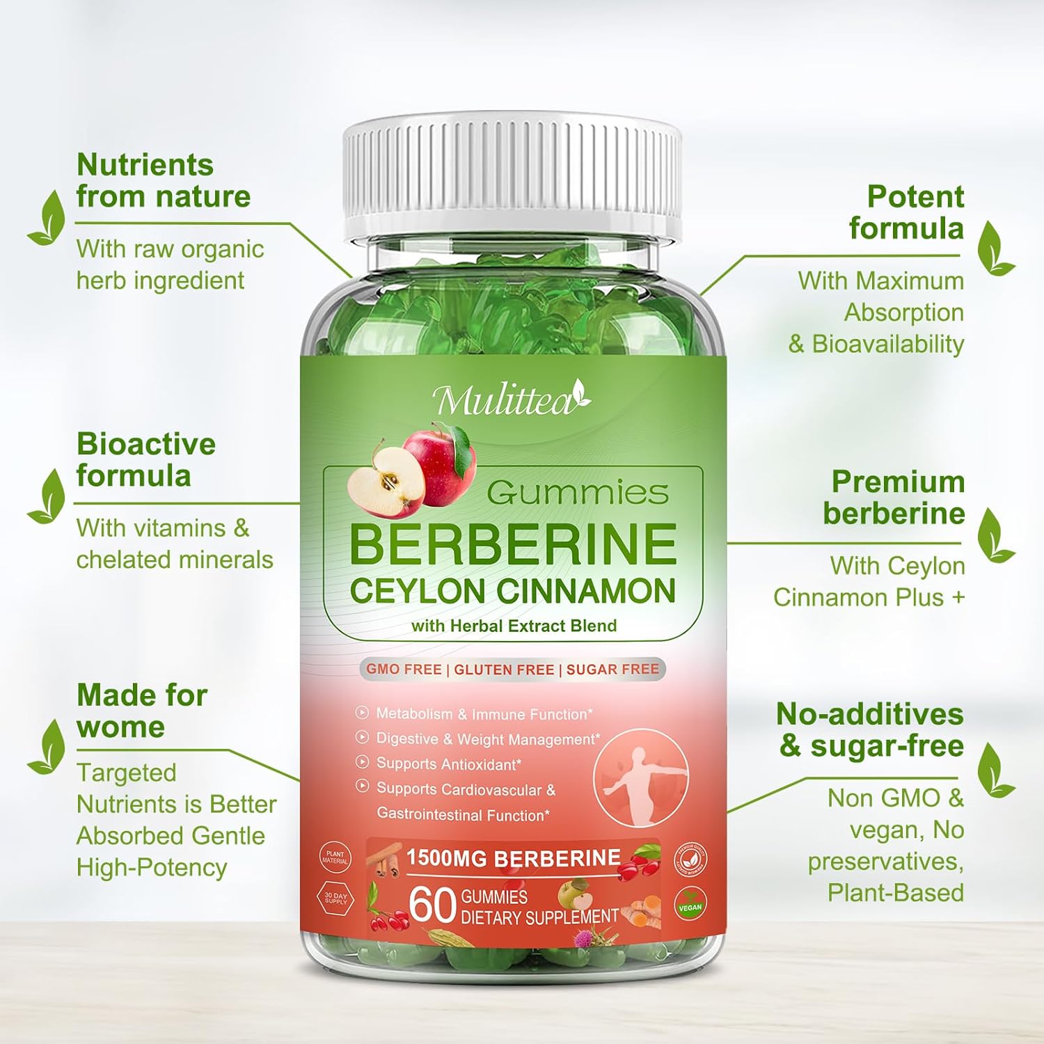 Berberina con gomitas de canela de Ceilán, 1500 mg de alta potencia más extractos de hierbas, 10 veces biodisponibilidad para el sistema