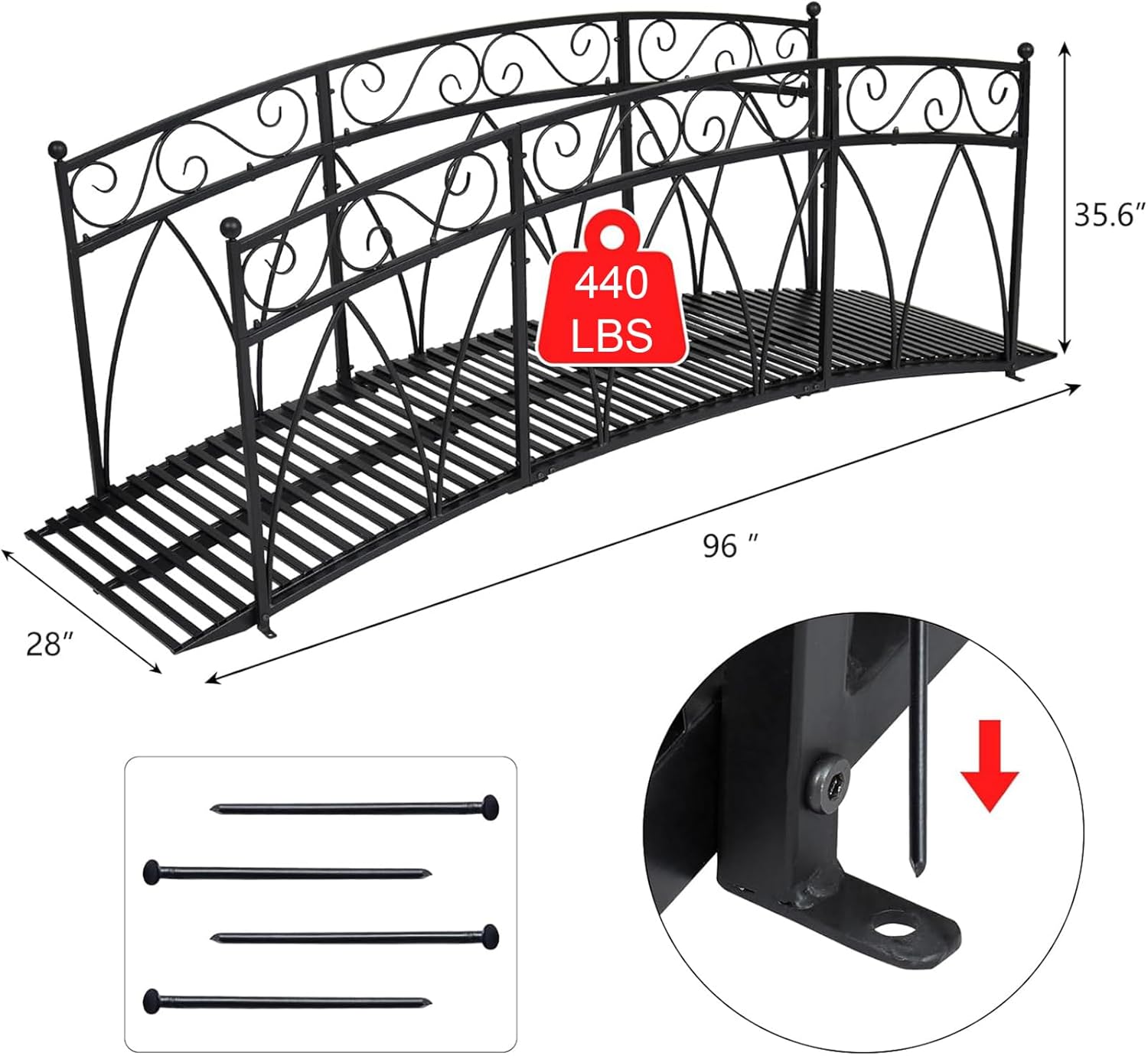 Puente de jardín de metal de 8 pies con carriles laterales con patrones de seguridad, puente de arco de hierro decorativo para exteriores, puente