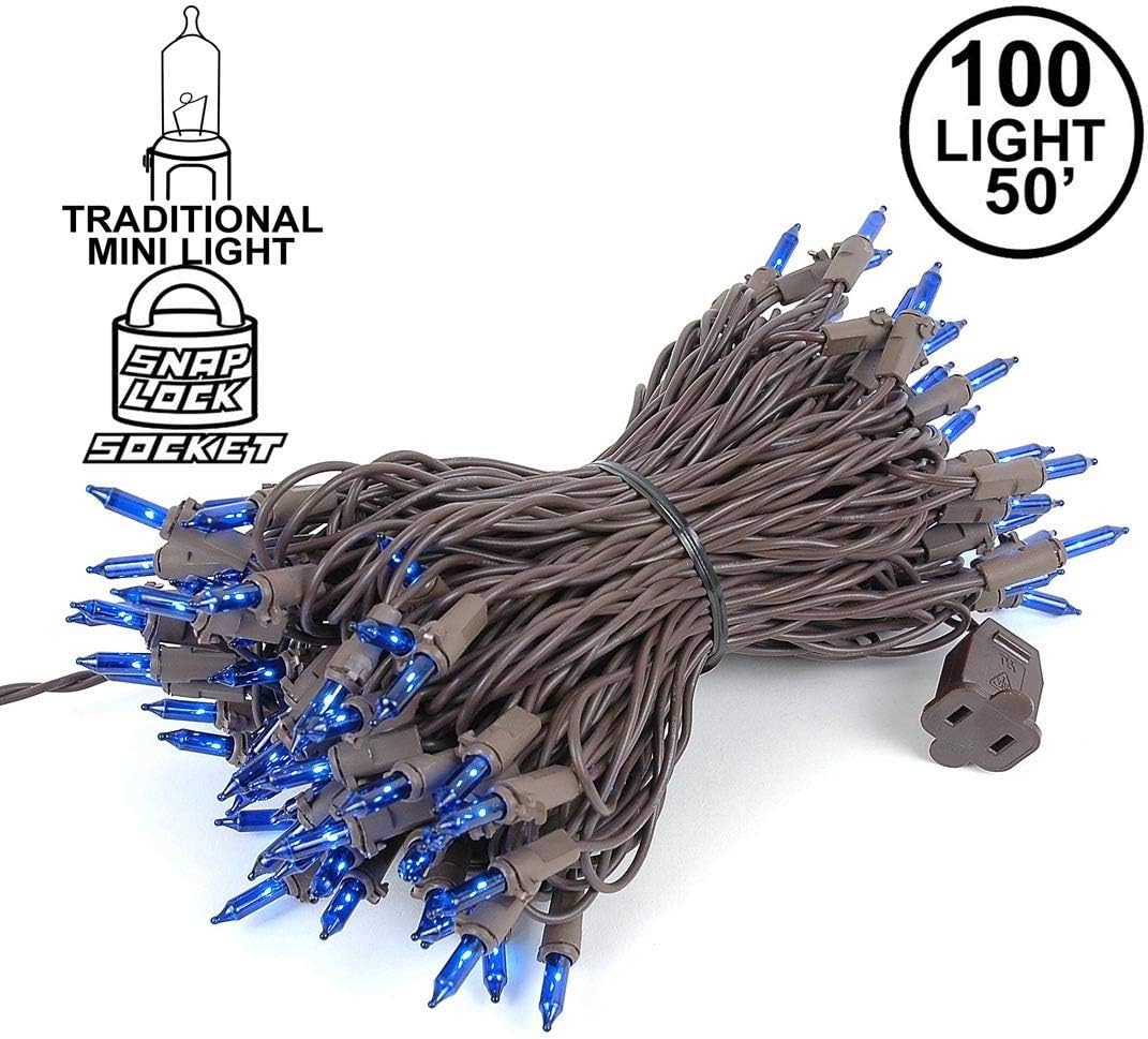Novelty Lights Juego de 100 mini tiras de luces navideñas azul claro, cable marrón, para interiores y exteriores, certificación UL, 50 pies de largo