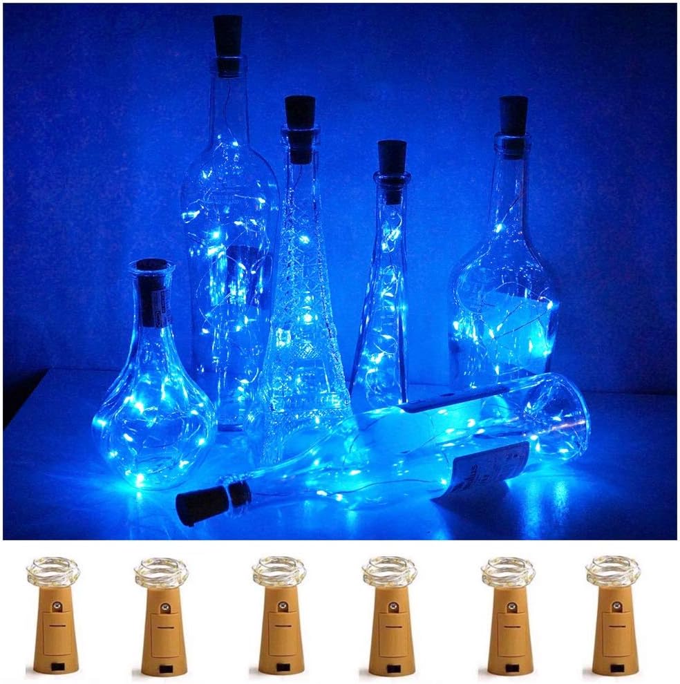 LoveNite Luces para botella de vino con corcho, paquete de 6 unidades, funciona con pilas, 15 luces LED en forma de corcho, alambre plateado,