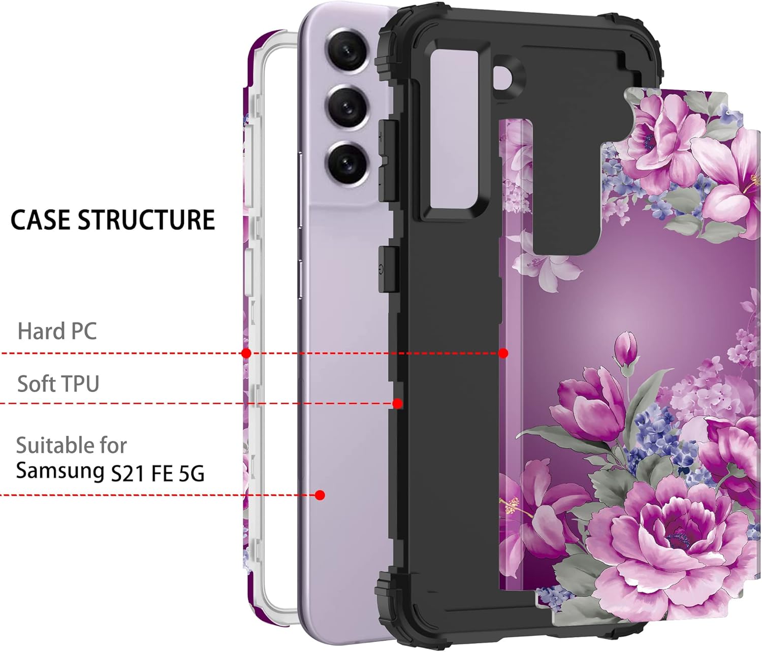 LONTECT Funda protectora híbrida resistente 3 en 1 para Galaxy S21 FE 5G (no compatible con S21 5G), diseño floral, a prueba de golpes, resistente,
