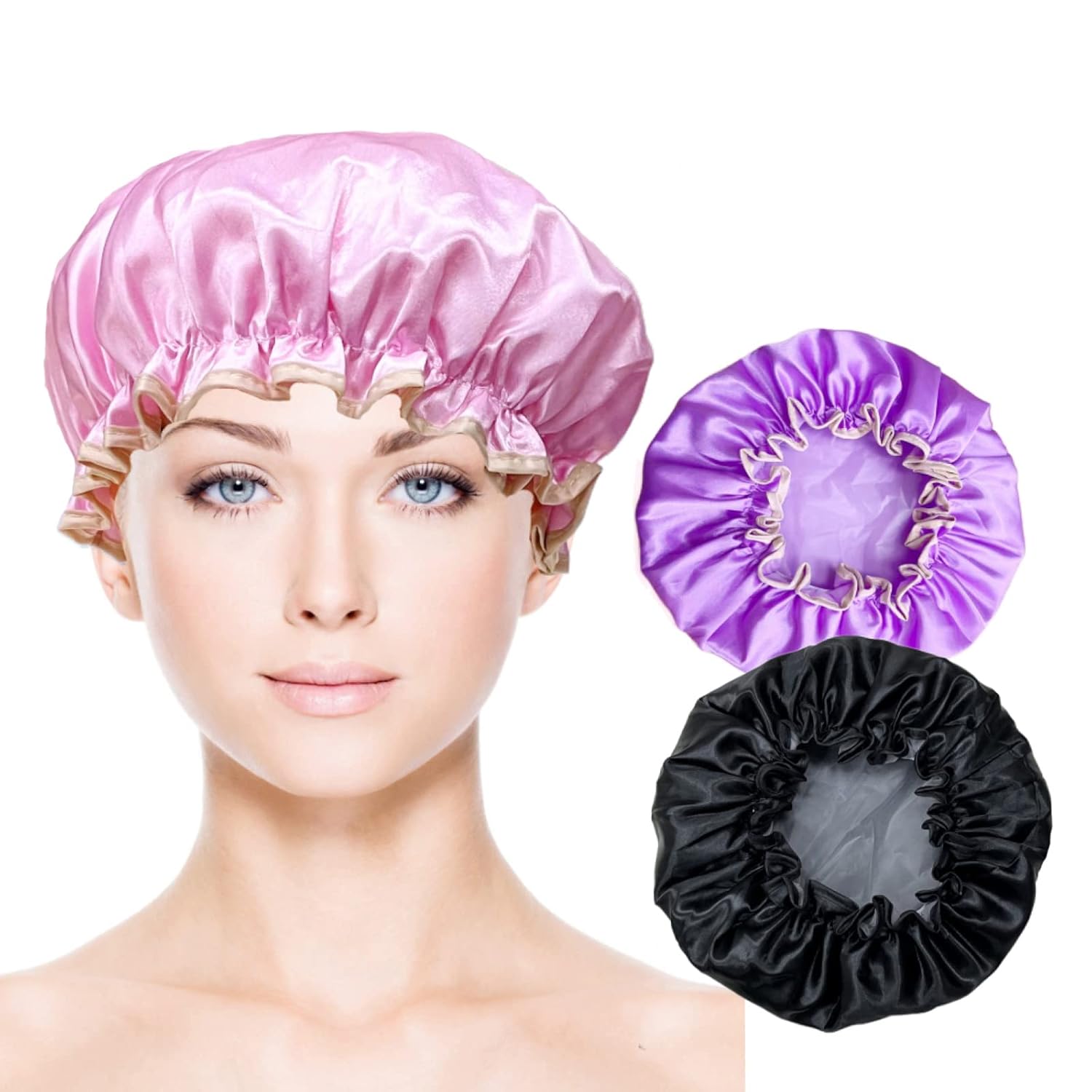 Gorros de ducha para mujer, 3 unidades, impermeables, de plástico, reutilizables, con estilo, de satén, doble capa, elástico, para mujeres, niñas,