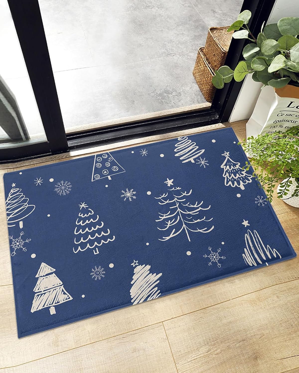 Tapete de baño geométrico con diseño de árbol de Navidad, con diseño de árboles de Navidad sobre azul, tapete de baño antideslizante de felpa suave,