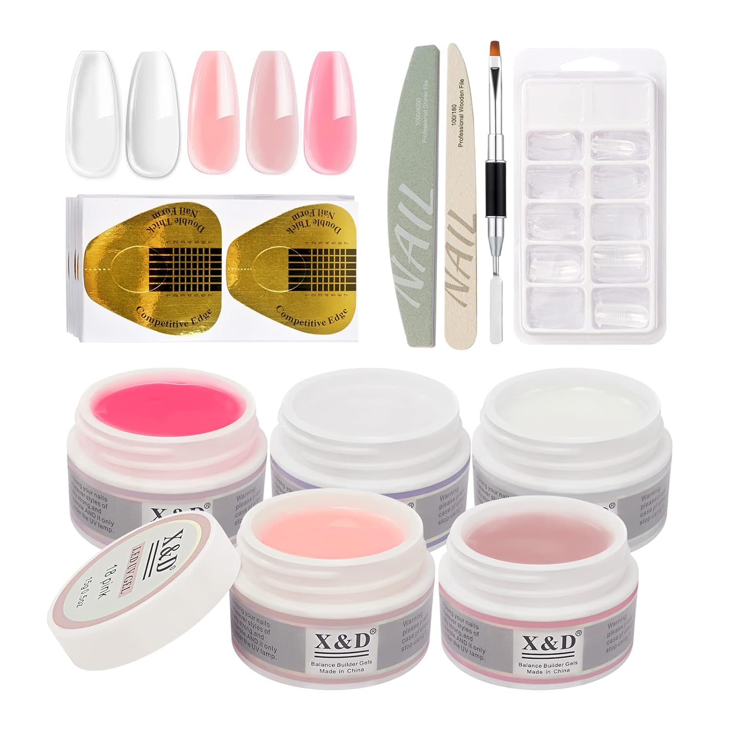 X&D Kit de uñas de poligel natural transparente de 5 colores, kit de gel de uñas de poli para extensiones de uñas con formas de uñas, formas dobles,