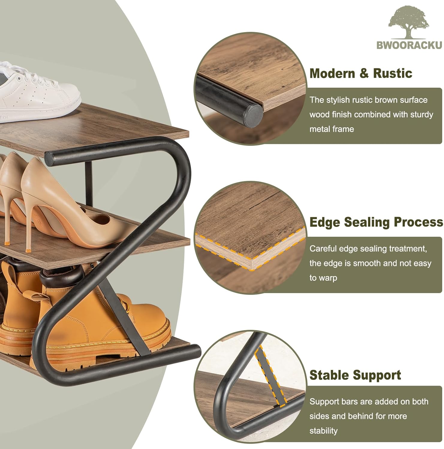 BWOORACKU Zapatero de 3 niveles, estante de zapatos en forma de Z, organizador de almacenamiento de zapatos de madera para entrada, dormitorio,