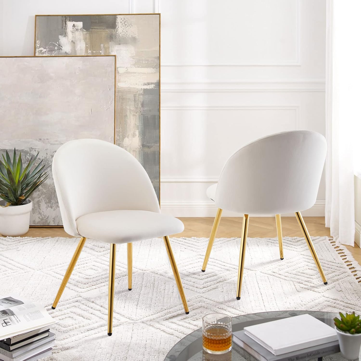 TUKAILAi Juego de 2 sillas de comedor de terciopelo, silla auxiliar moderna, asiento tapizado y respaldo con patas cromadas doradas para cocina,