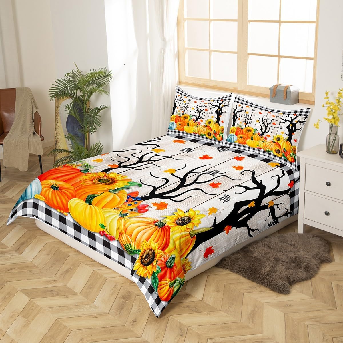 Juego de funda de edredón para niños de cosecha de calabaza de otoño, tamaño King, girasoles y hojas de arce, decoración de habitacióncabaña, funda