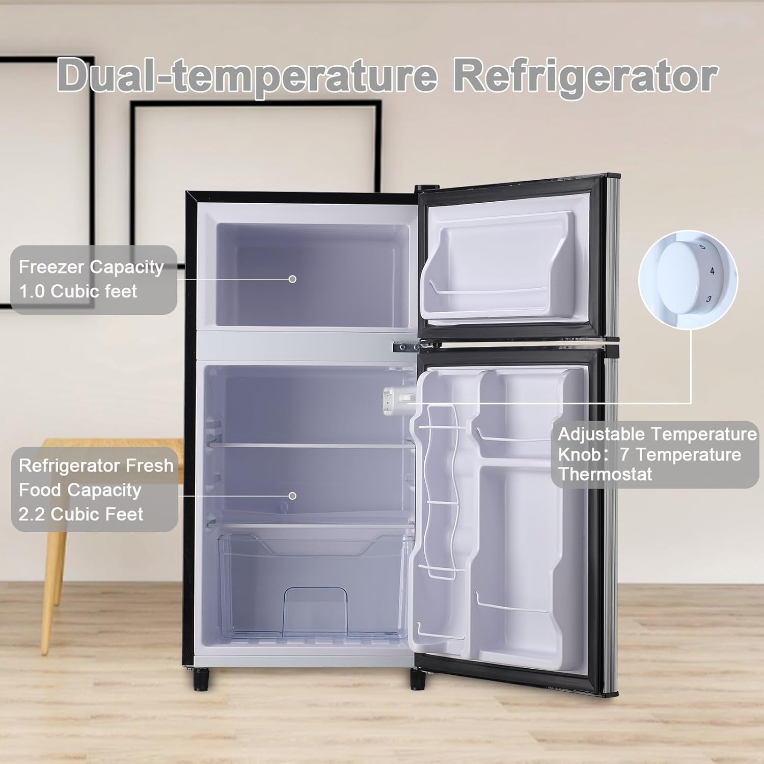 WANAI Refrigerador compacto de 3.5 pies cúbicos, refrigerador clásico retro de 2 puertas, mini refrigerador ajustable con estantes de vidrio