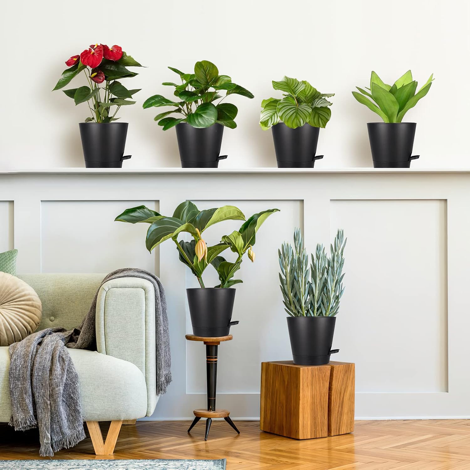 Macetas de riego automático de 8 pulgadas para interiores, paquete de 6 macetas de plástico con agujeros de drenaje, color negro