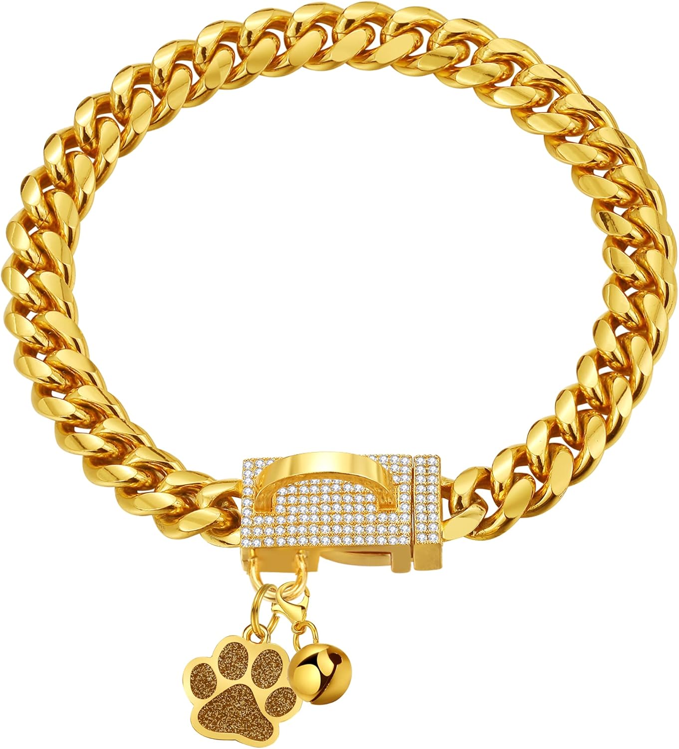 Collar de cadena para perro, collar dorado de 0.394 pulgadas con eslabones cubanos de acero inoxidable con hebilla de diamante de circonita cúbica,