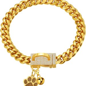 Collar de cadena para perro, collar dorado de 0.394 pulgadas con eslabones cubanos de acero inoxidable con hebilla de diamante de circonita cúbica, Collar de cadena para perro, collar dorado de 0.394 pulgadas con eslabones cubanos de acero inoxidable con hebilla de diamante de circonita cúbica,