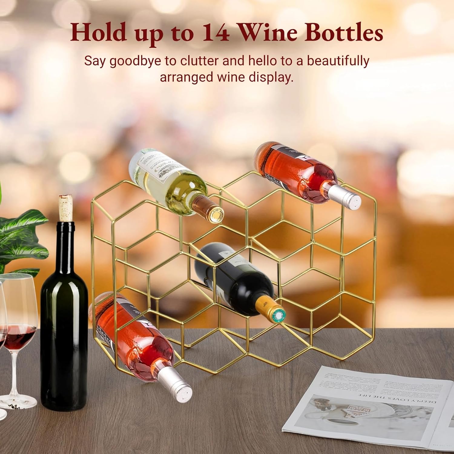 Estante de vino para encimera, soporte de vino de mesa para 14 botellas, organizador de botellas de vino dorado independiente, soporte de