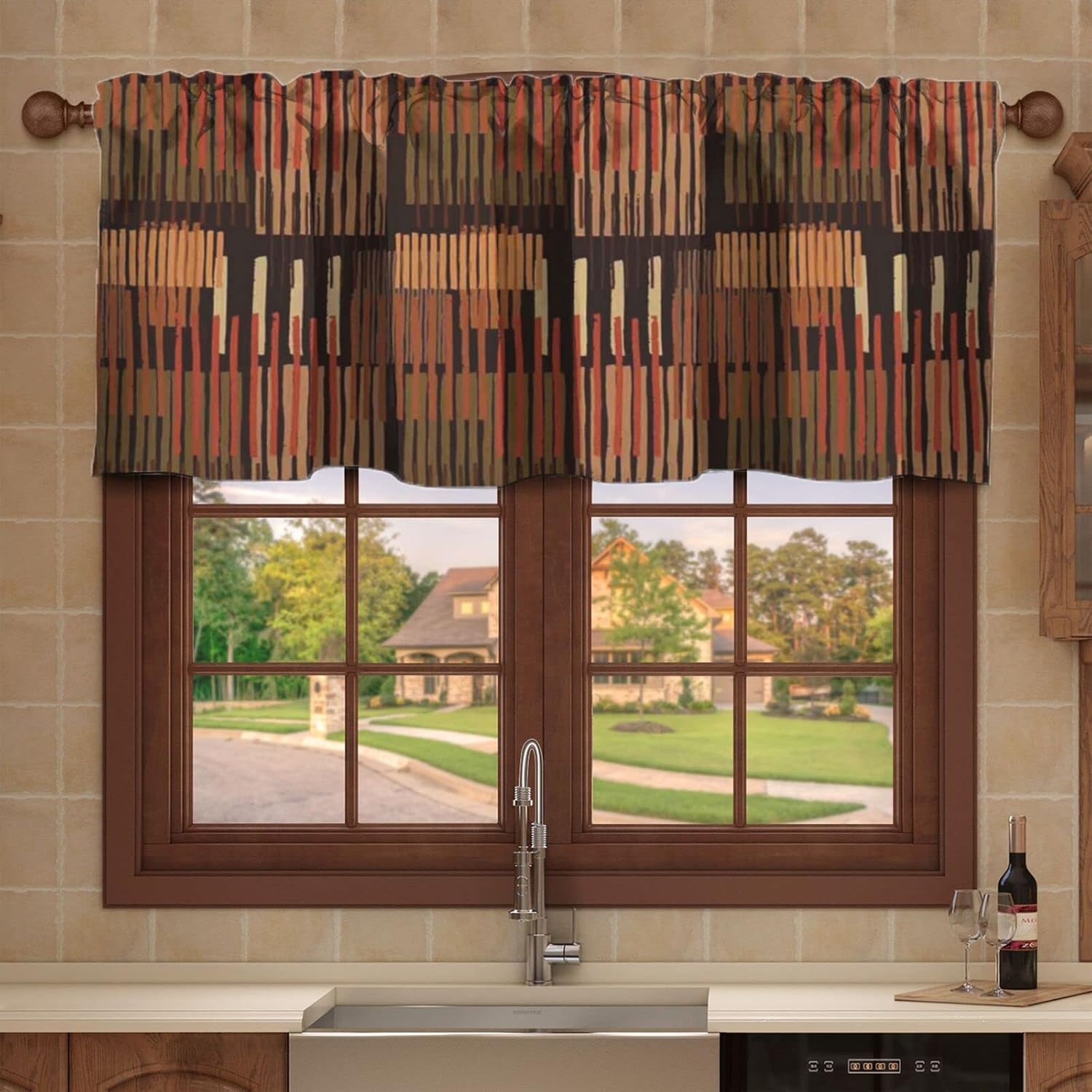 Cenefa de ventana con temática geométrica, cenefa de cortina opaca con patrón de rayas para decoración de cocina y dormitorio con bolsillo para