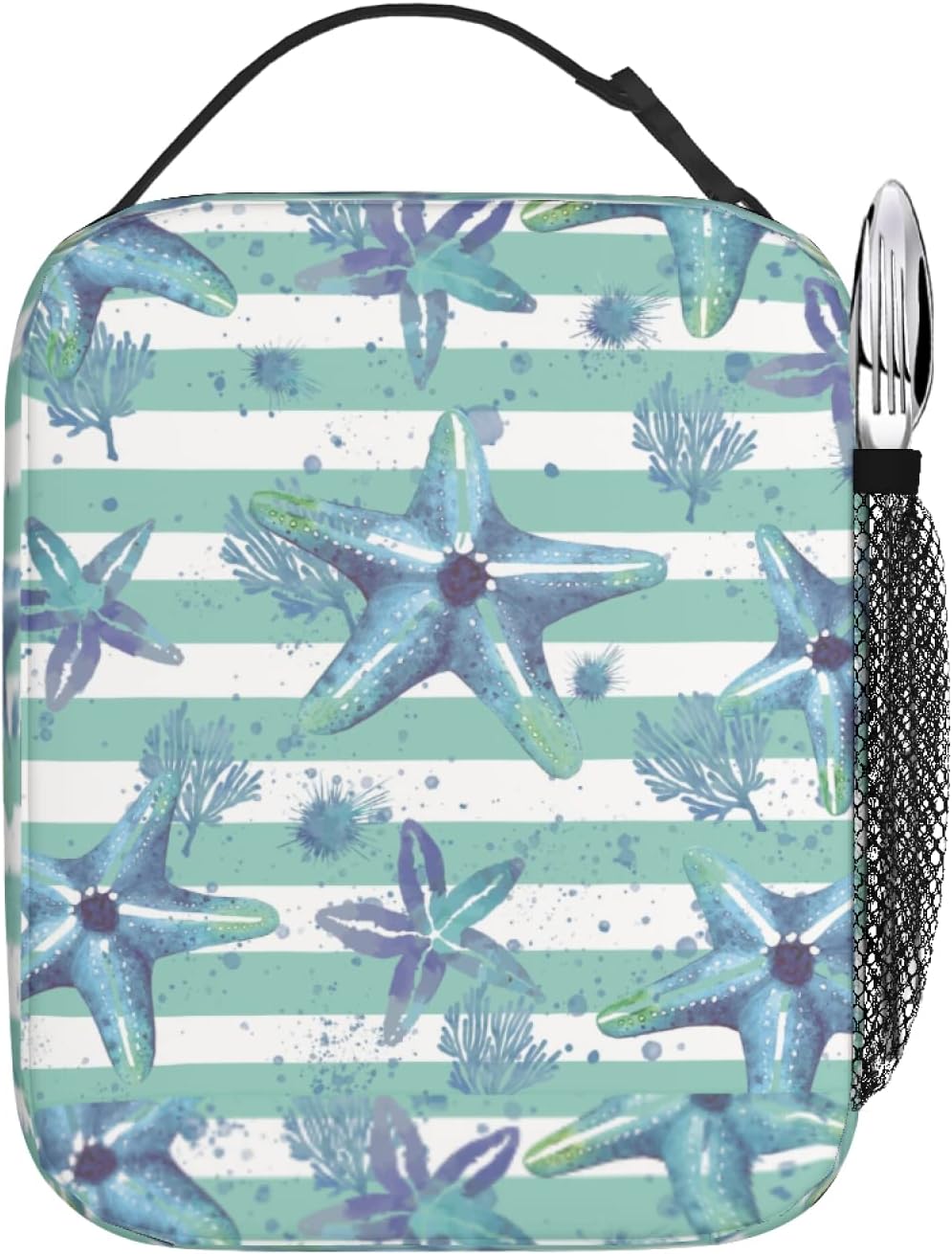 Lonchera con diseño de estrellas de mar y playa, con diseño de rayas azules, aislada, a prueba de fugas, reutilizable, para mujeres, hombres,