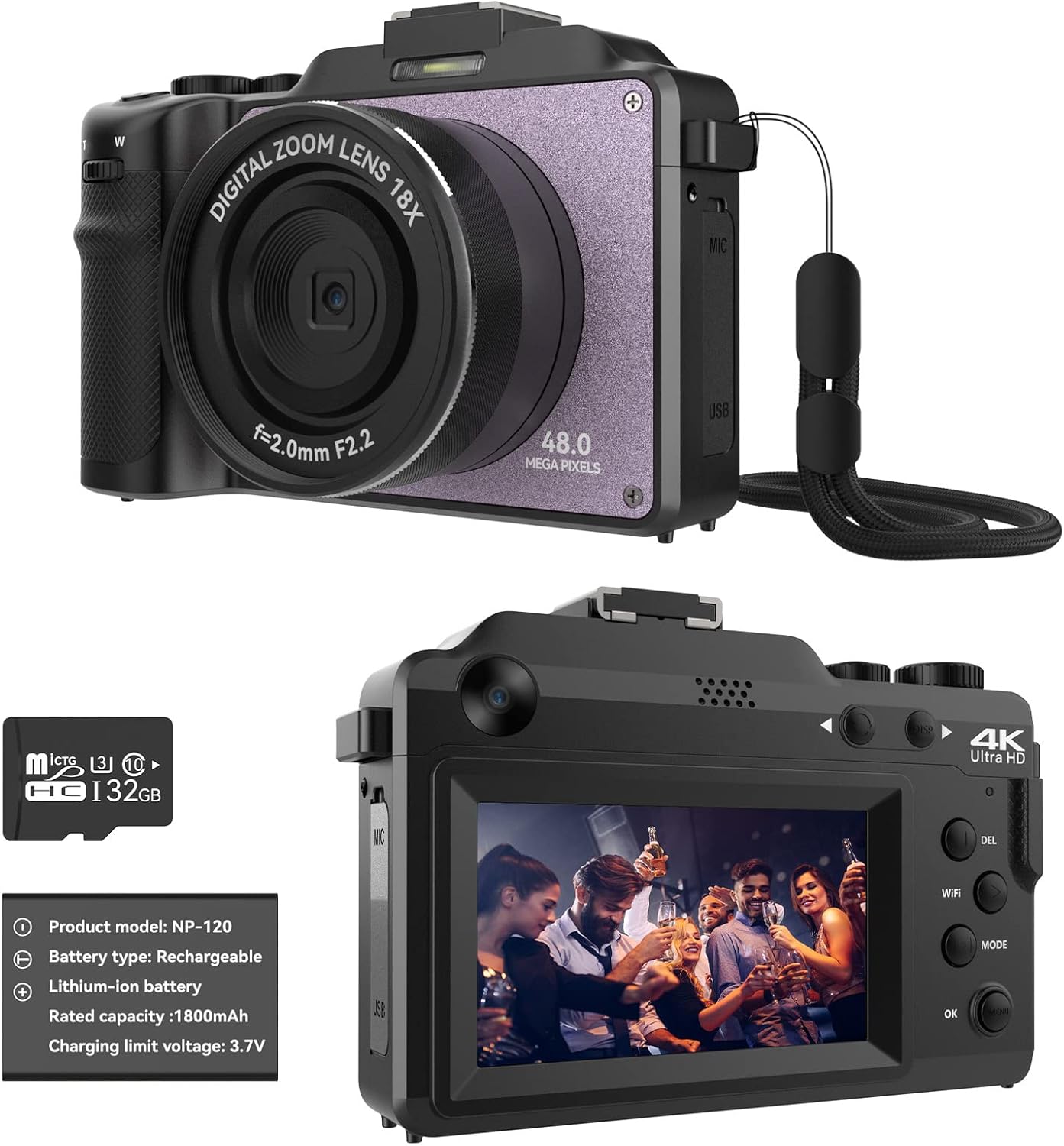 Cámara de 48MP para fotografía, cámara digital 4K para niños y adultos con cámaras duales delanteras y traseras, zoom digital de 18X, filtros de